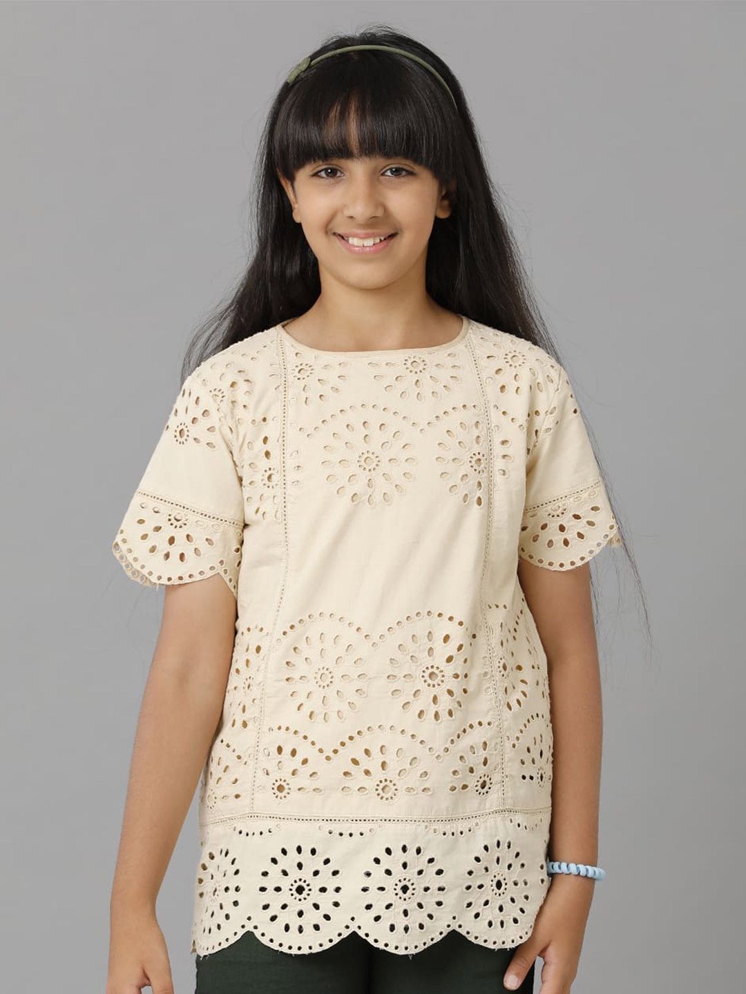

UNDER FOURTEEN ONLY Girls Self Design Round Neck Cotton Top, Beige