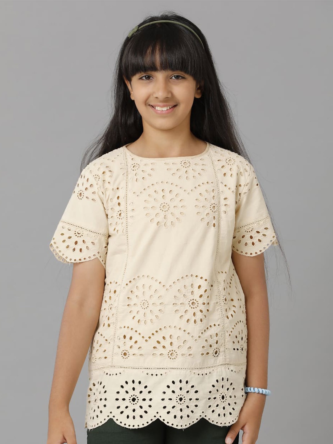 

UNDER FOURTEEN ONLY Girls Self Design Cotton Top, Beige