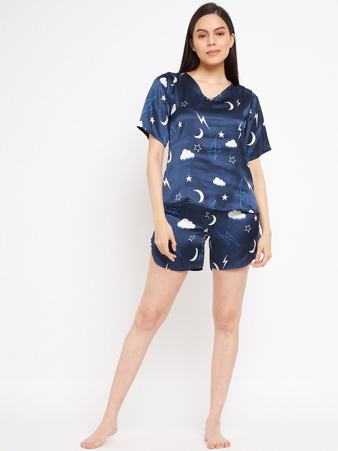 

Fashfun V-Neck Graphic Printed Satin Night Shirt And Shorts, Blue