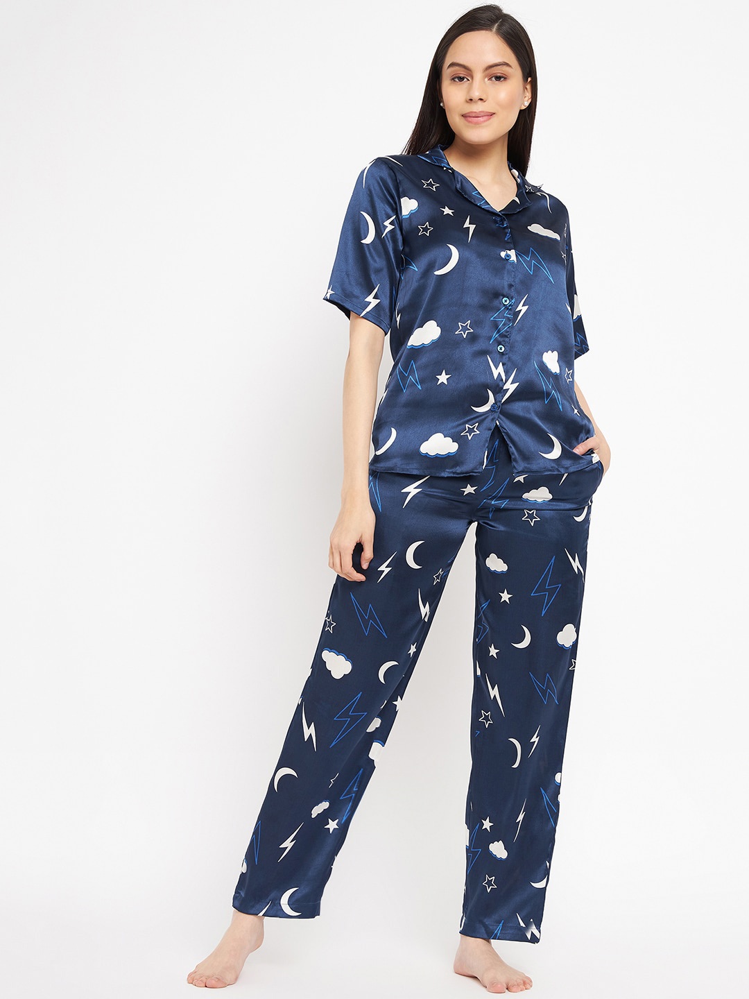 

Fashfun Shirt Collar Graphic Printed Satin Night Shirt And Trousers, Blue