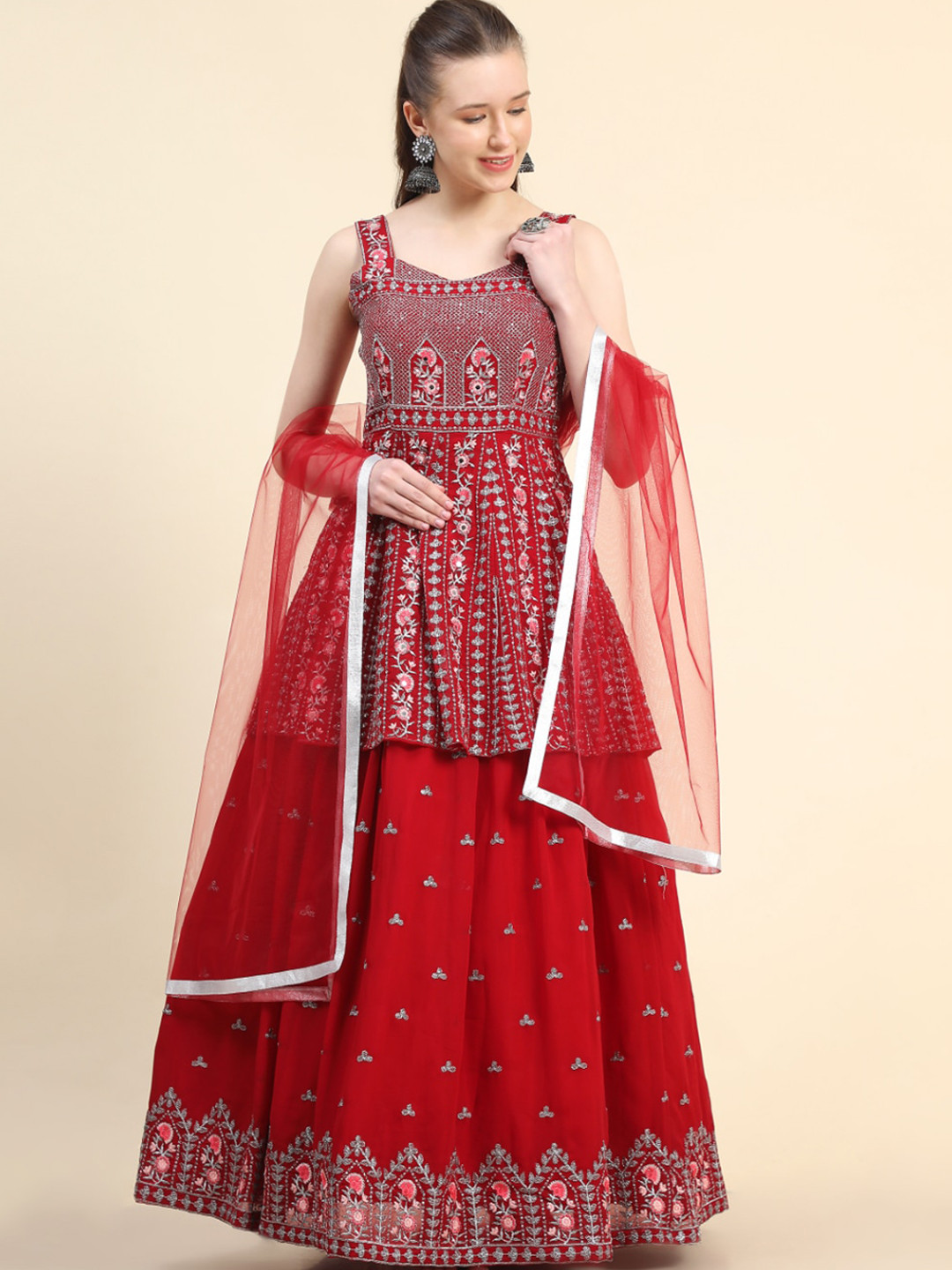 

KALINI Floral Embroidered Layered Kurti With Skirt & Dupatta, Red