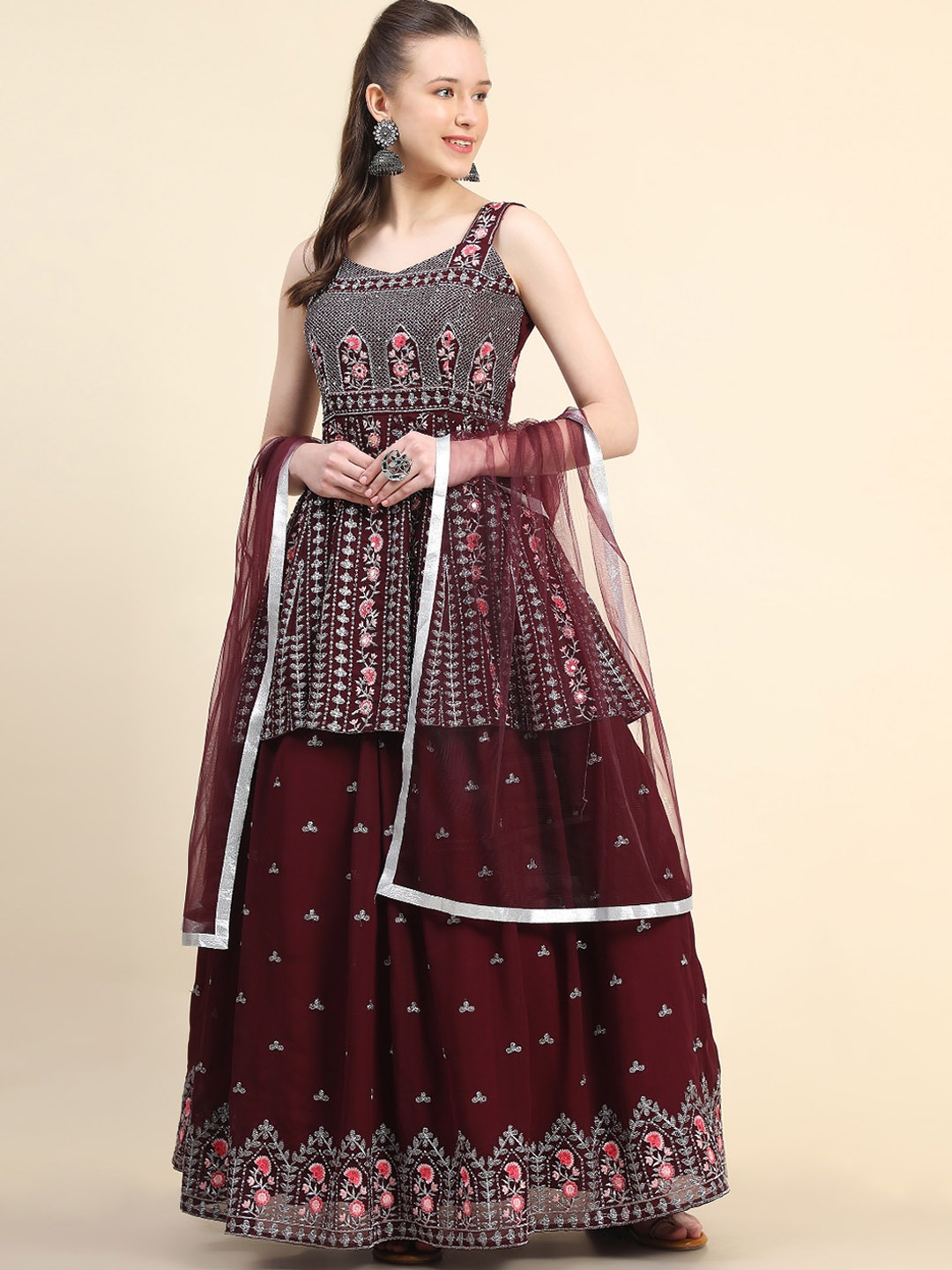 

KALINI Floral Embroidered Layered Kurti With Skirt & Dupatta, Maroon