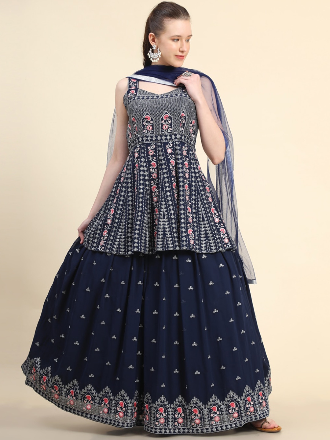 

KALINI Floral Embroidered Sleeveless Kurti with Skirt & Dupatta, Navy blue