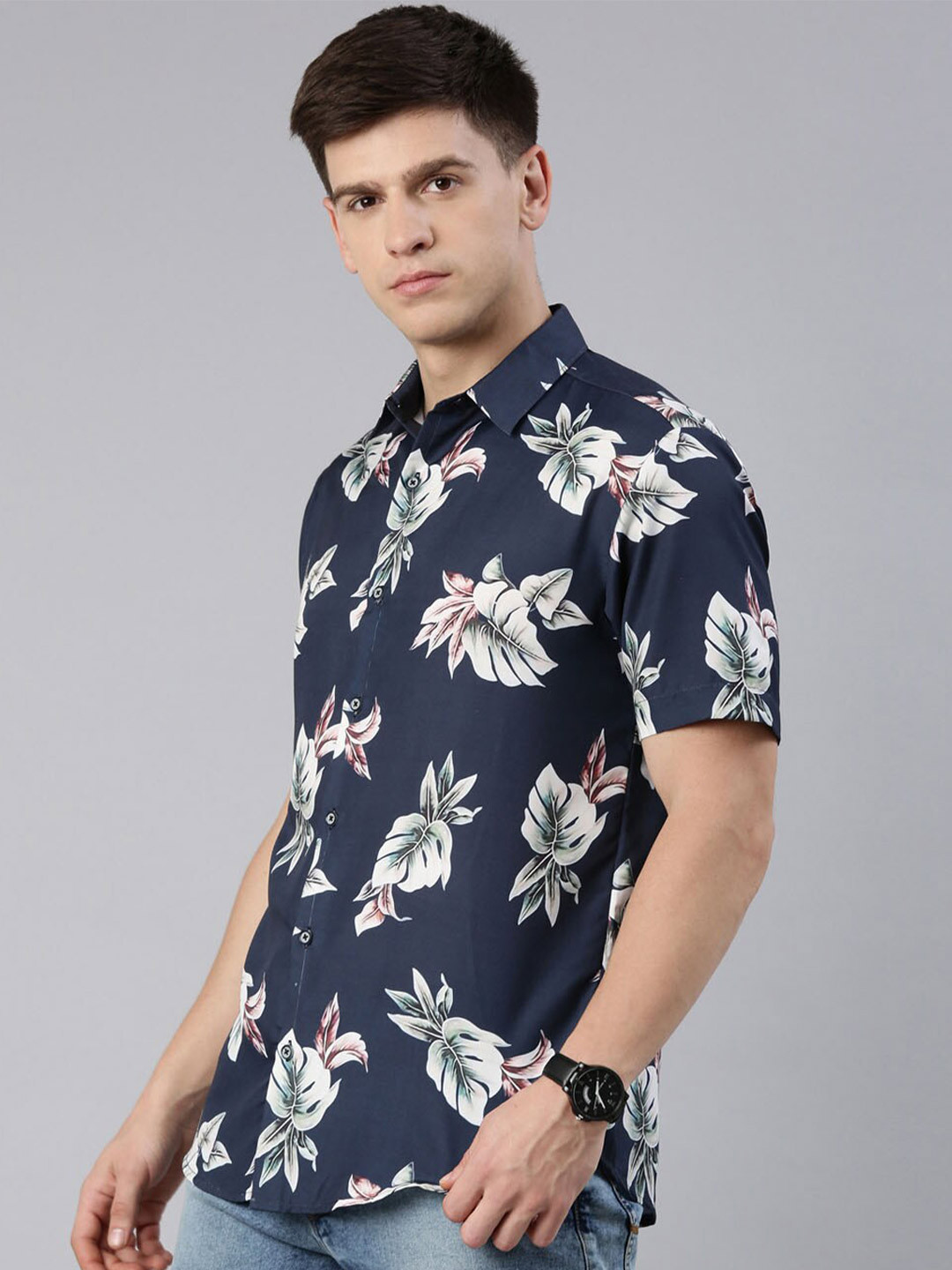 

Bushirt Men Comfort Floral Printed Party Shirt, Navy blue