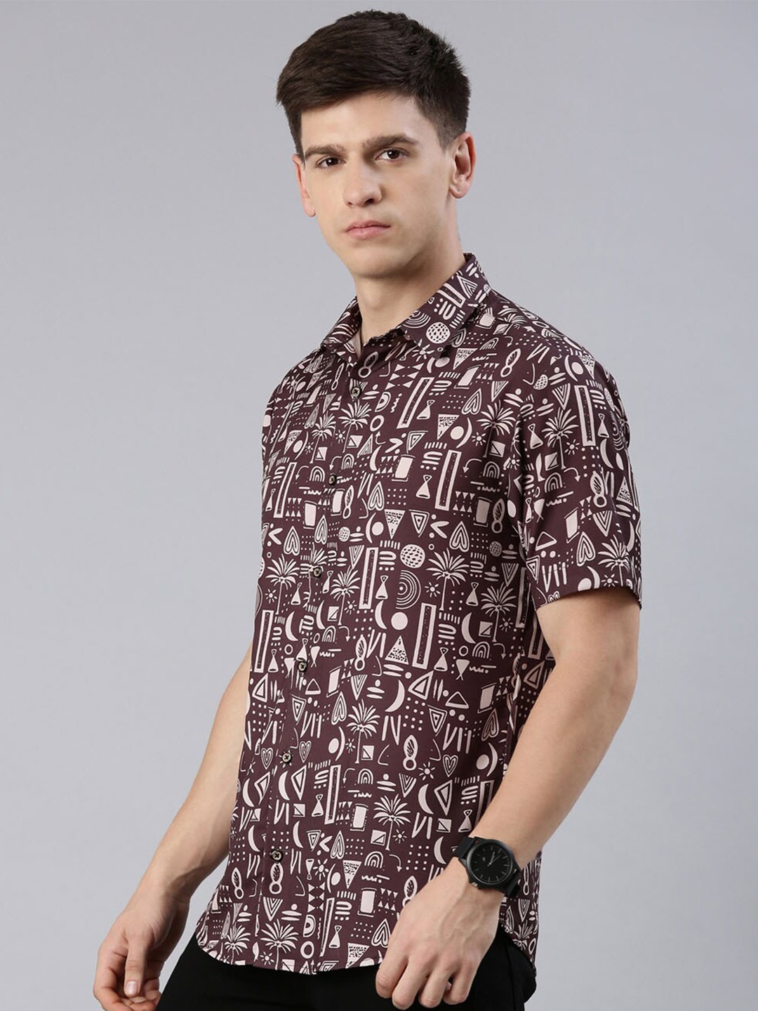 

Bushirt Comfort Spread Collar Printed Casual Shirt, Brown