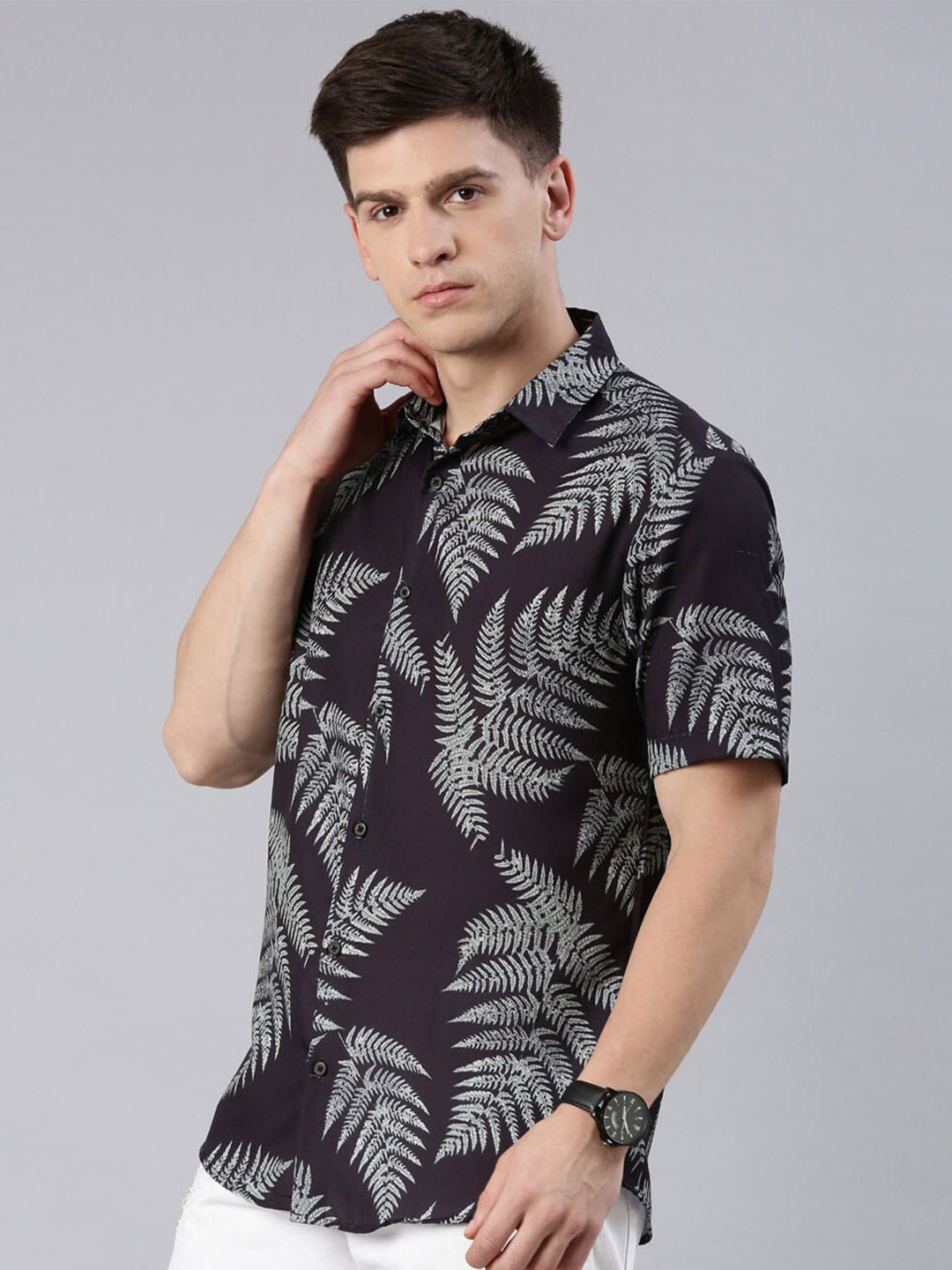 

Bushirt Men Comfort Floral Printed Party Shirt, Black