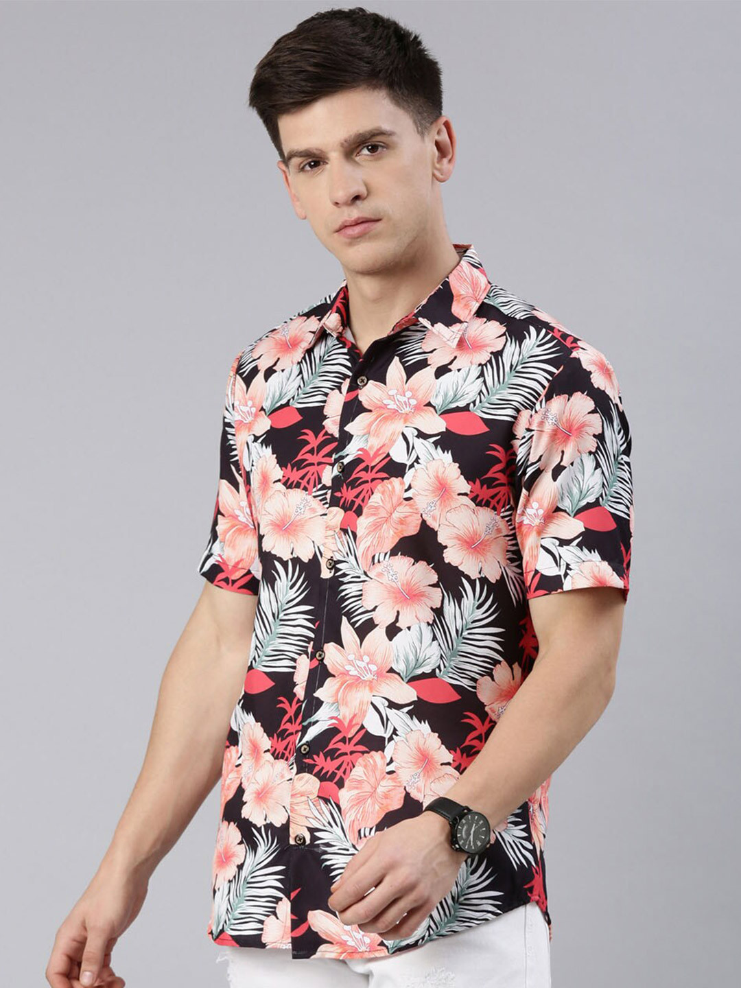 

Bushirt Comfort Spread Collar Floral Printed Casual Shirt, Black