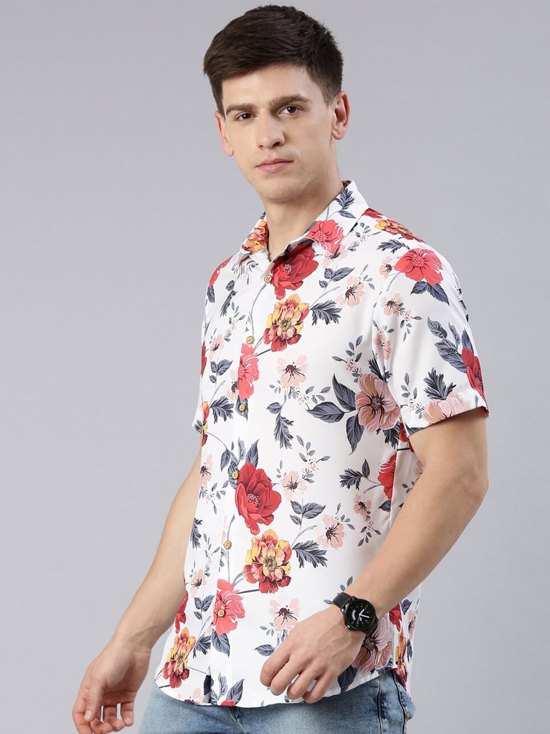

Bushirt Men Comfort Spread Collar Floral Printed Casual Shirt, White