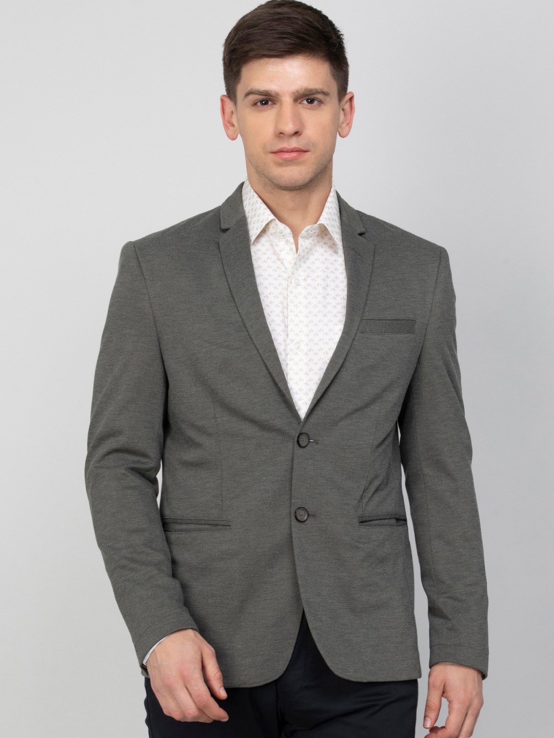 

Bossini Cotton Notched Lapel Single-Breasted Slim Fit Blazer, Grey