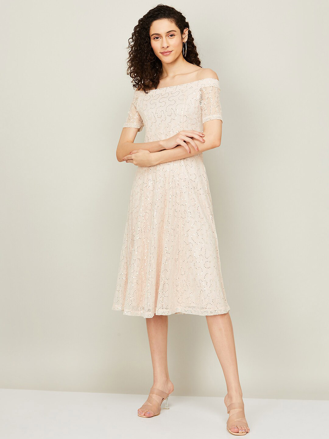 

CODE by Lifestyle Embellished Sequined Off-Shoulder Lace Dress, Cream