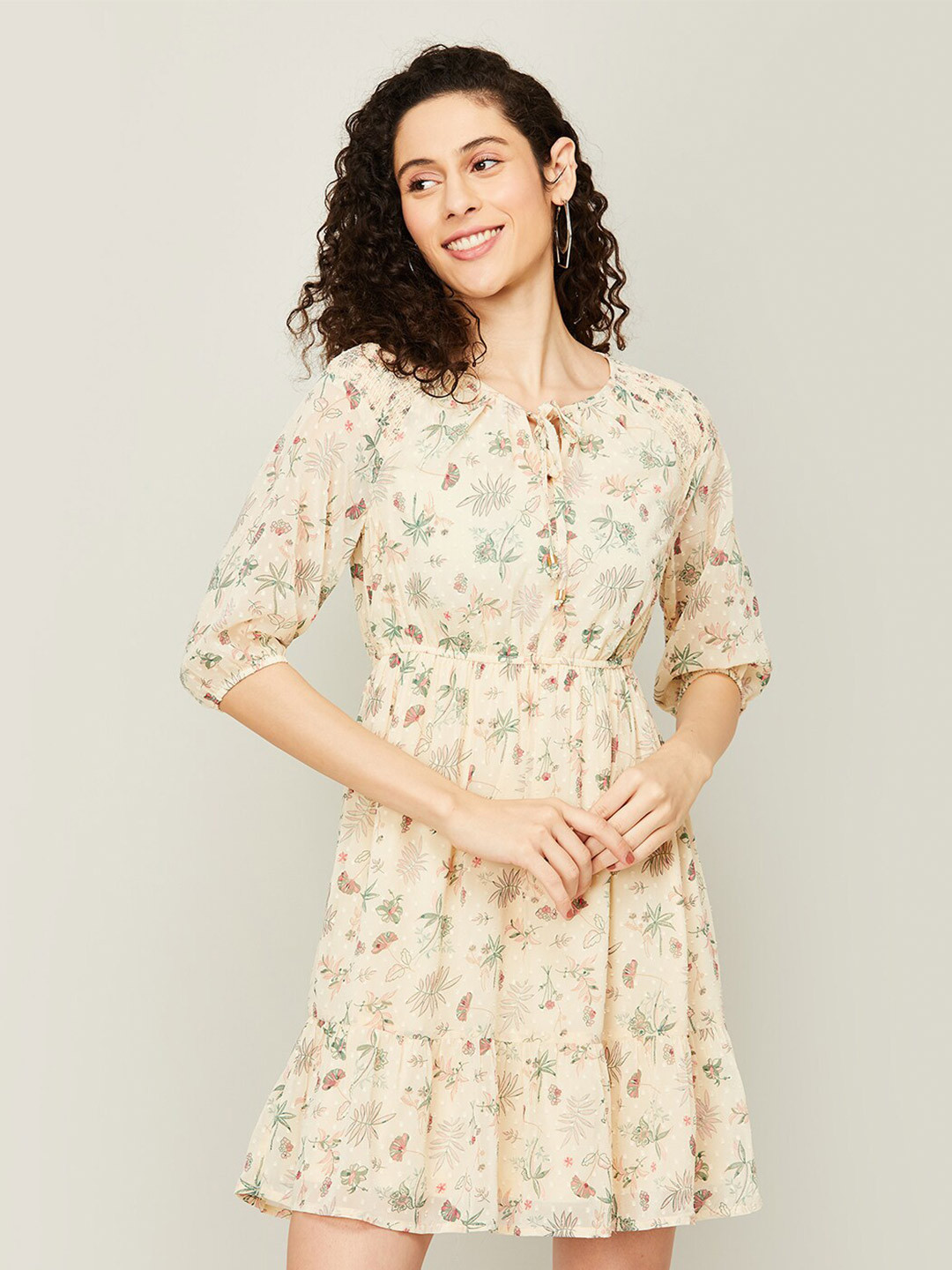 

CODE by Lifestyle Tropical Tie-Up Neck Flounce Mini Dress, Beige