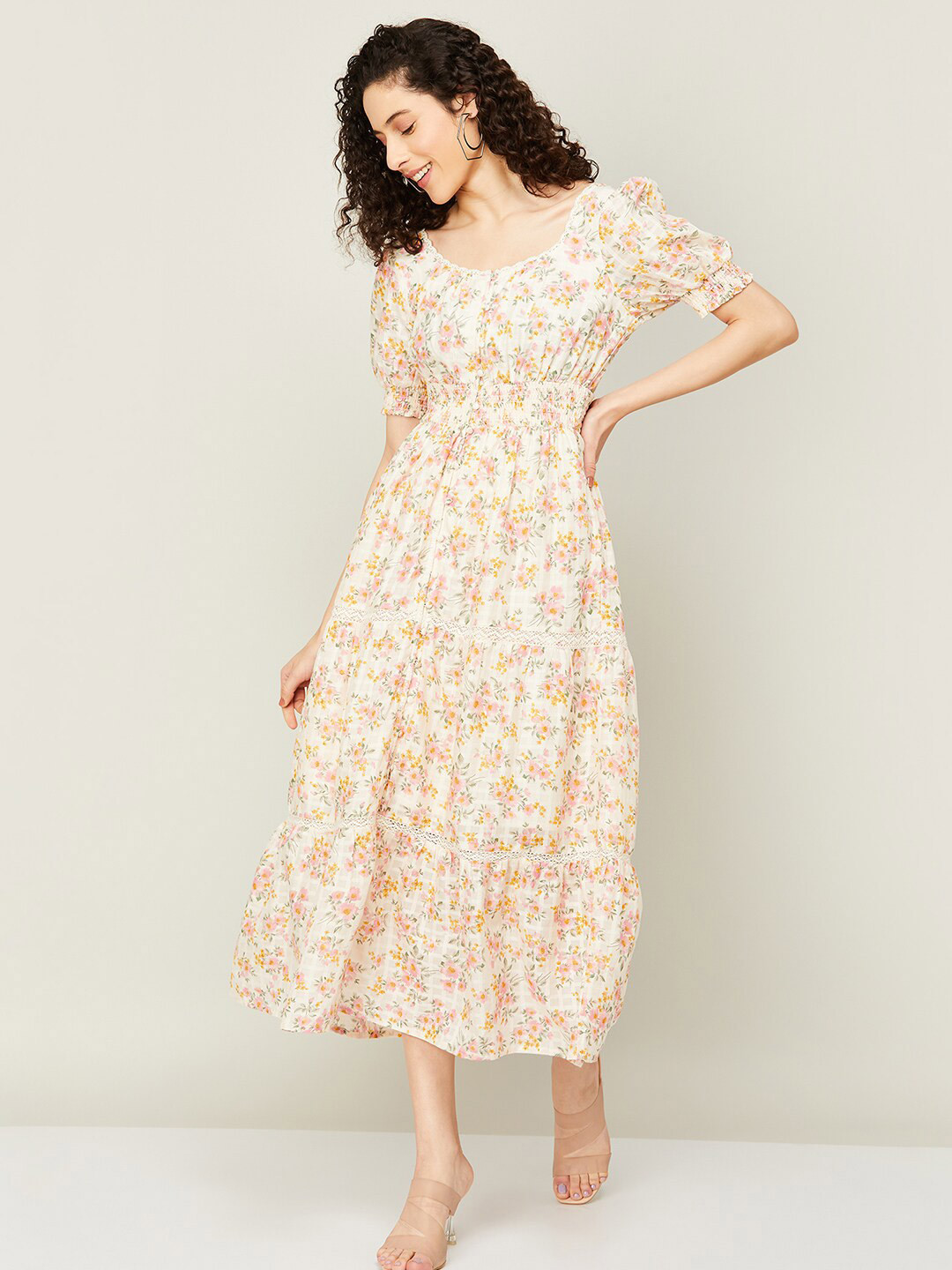 

CODE by Lifestyle Floral Puff Sleeve Smocked Midi Dress, Beige
