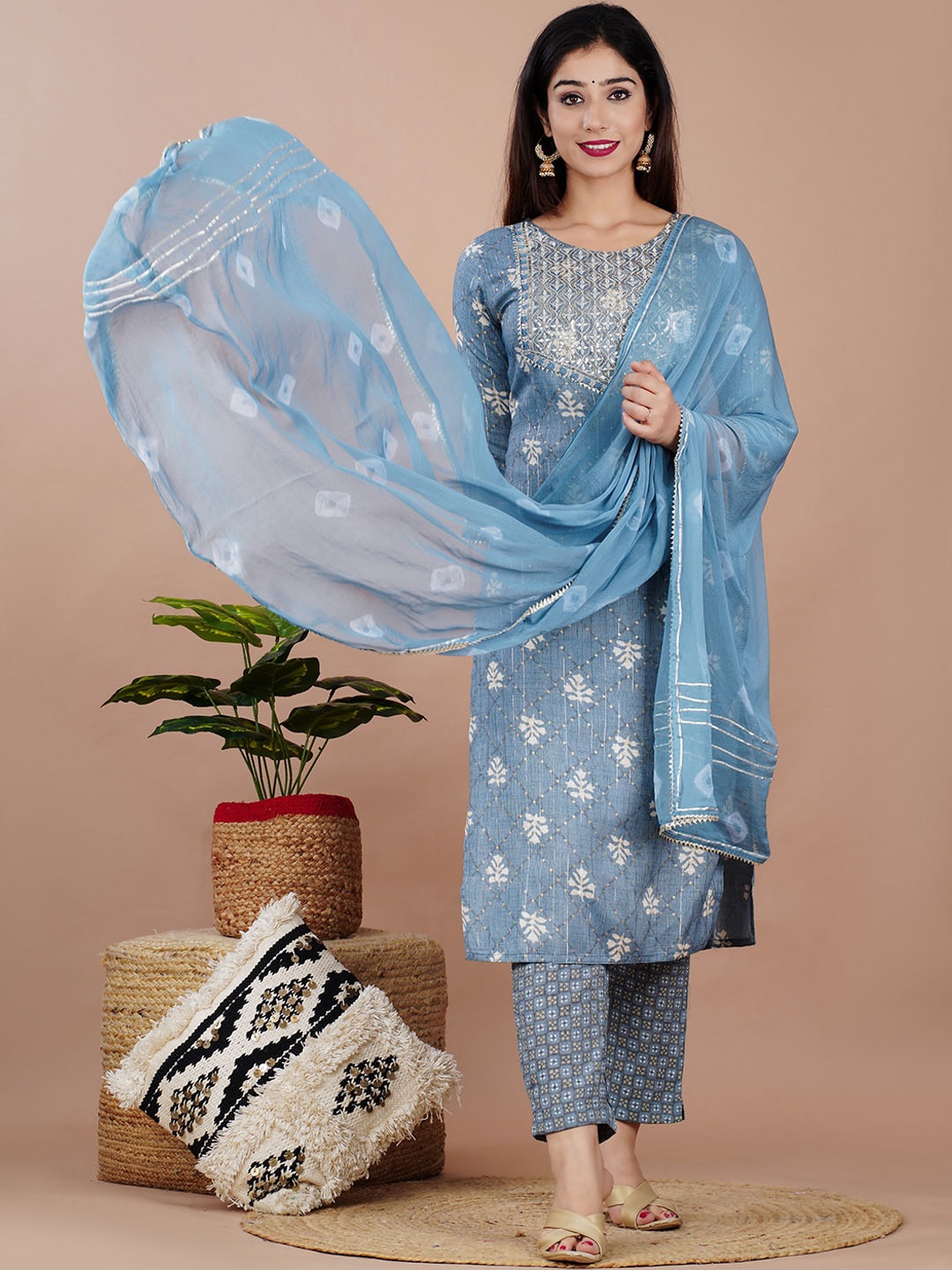 

Kesarya Ethnic Motifs Embroidered Block Print Sequinned Kurta with Trousers & Dupatta, Blue
