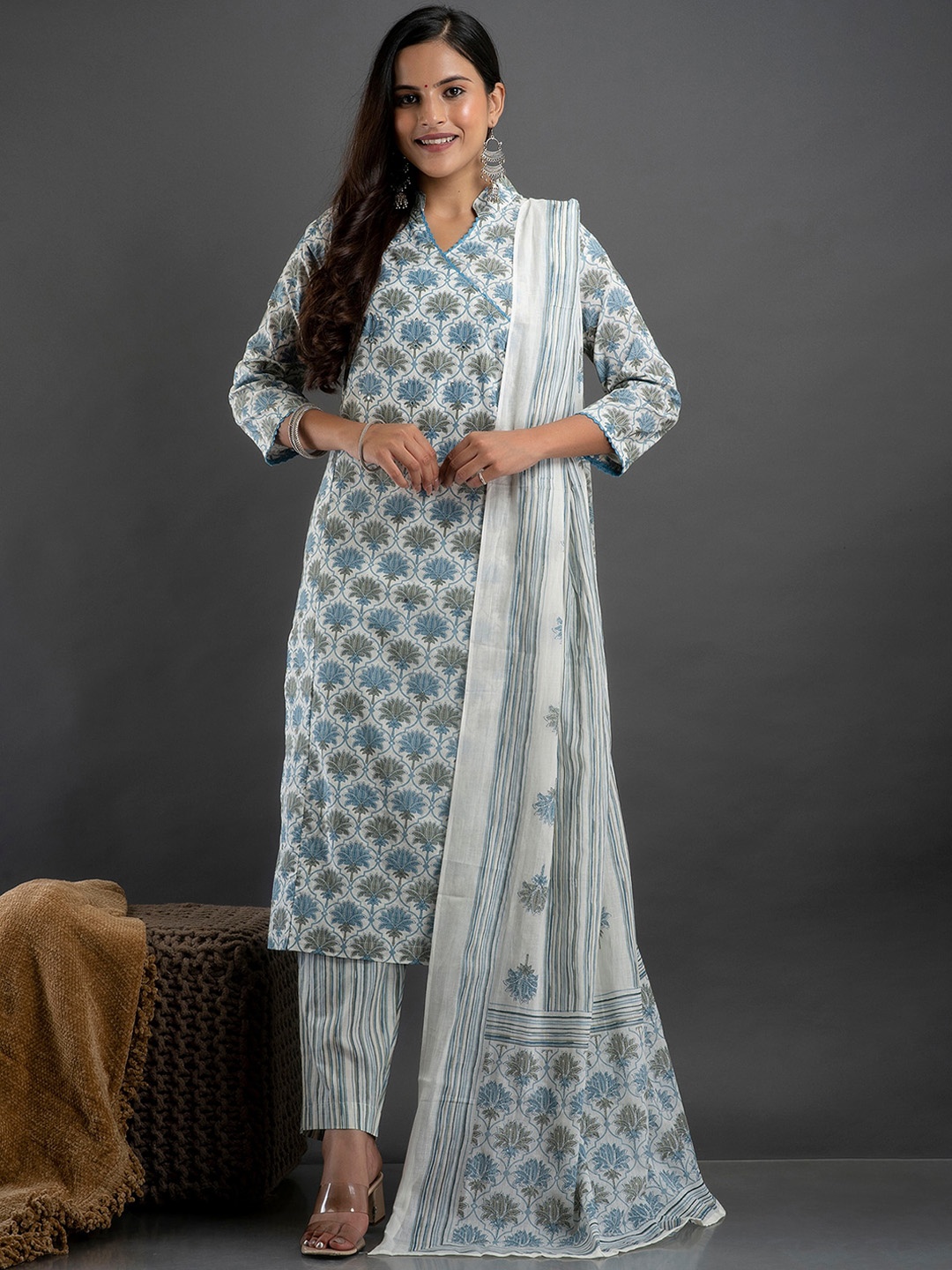 

Kesarya Ethnic Motifs Printed Pure Cotton Angrakha Kurta with Trousers & Dupatta, White