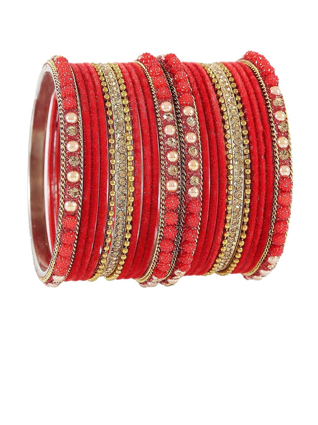 

NMII Set Of 22 Gold Plated Crystal Studded Velvet Bangles, Red