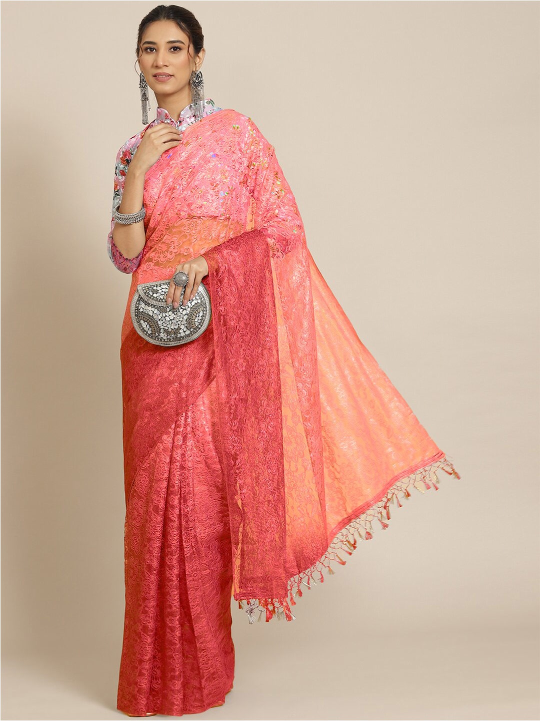 

Chhabra 555 Floral Woven Design Sarees With Sequinned Embroidered Blouse, Coral