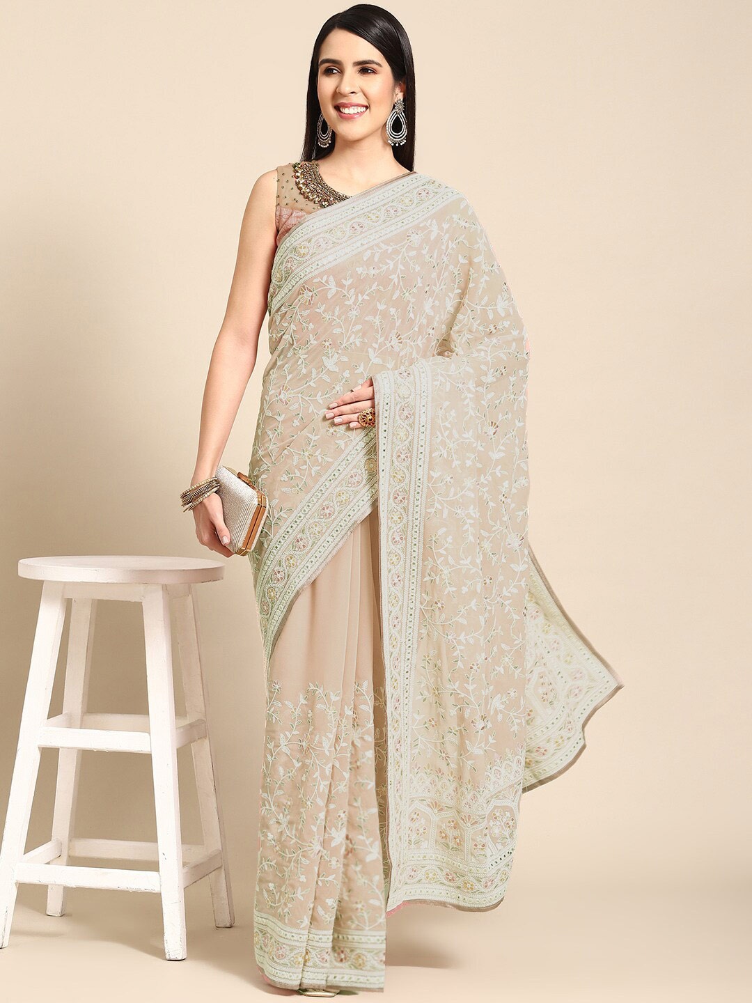 

Chhabra 555 Floral motif Resham Embroidery Georgette Sarees, Beige