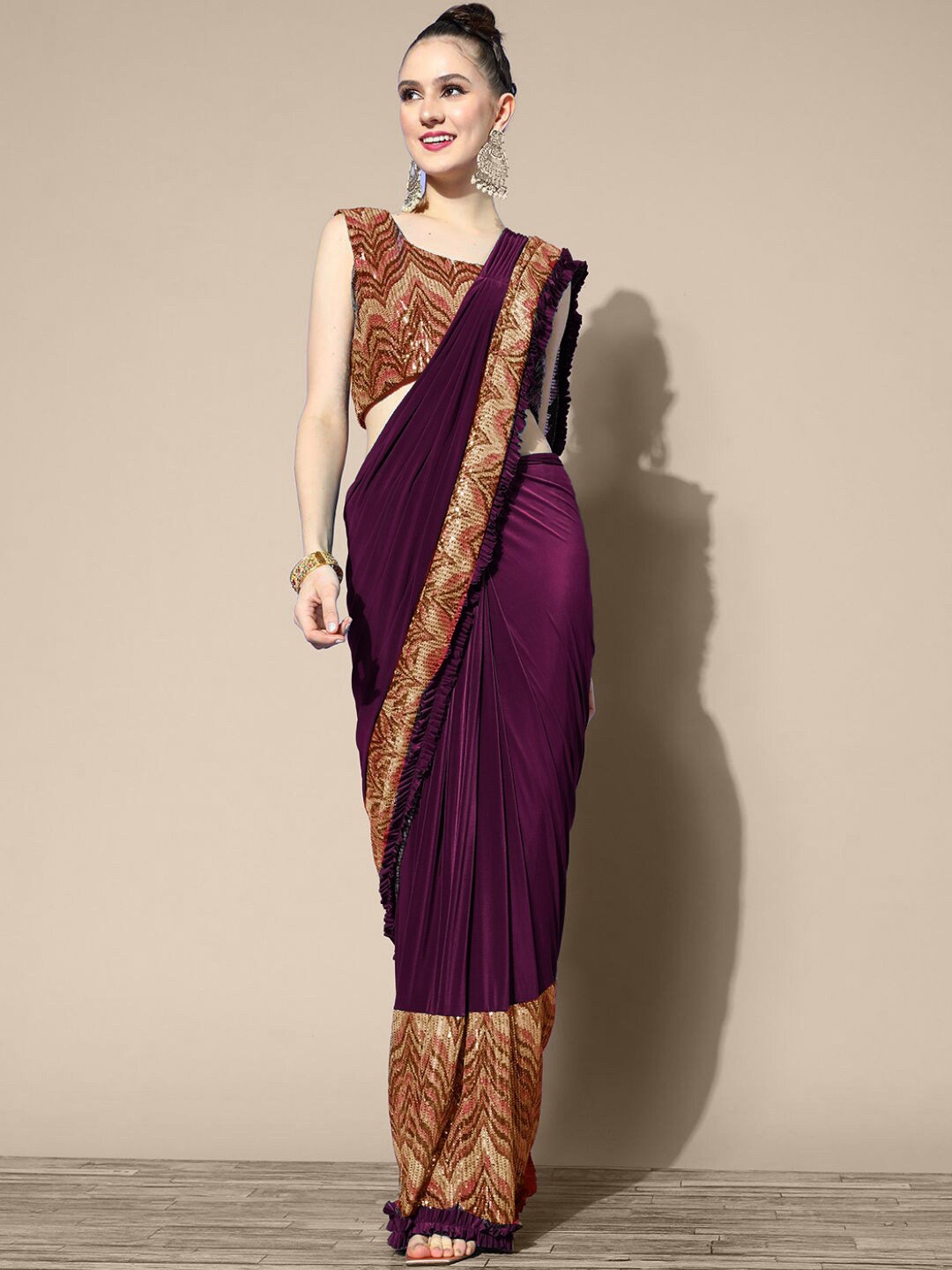 

Chhabra 555 Sequinned Ruffled Ready To Wear Sarees, Purple