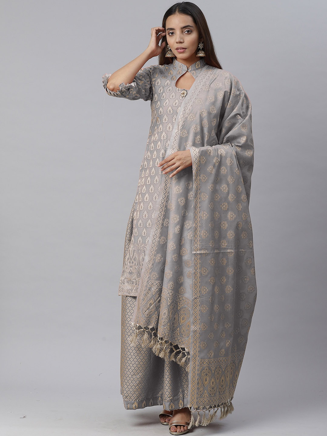 

Chhabra 555 Woven-Design Banarasi A-Line Kurta With Sharara & Dupatta, Grey