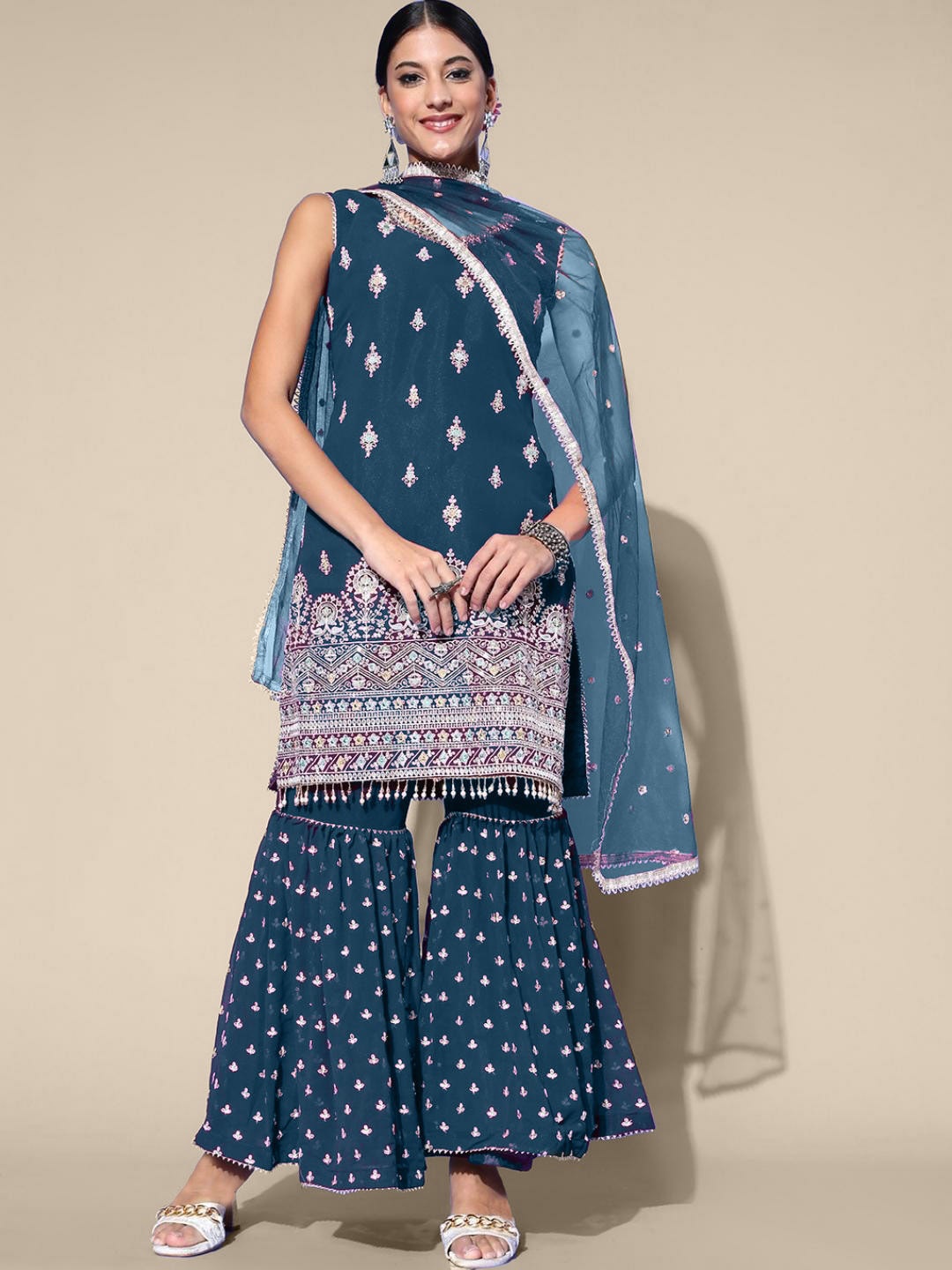 

Chhabra 555 Embroidered Straight Kurta With Sharara & Dupatta, Blue