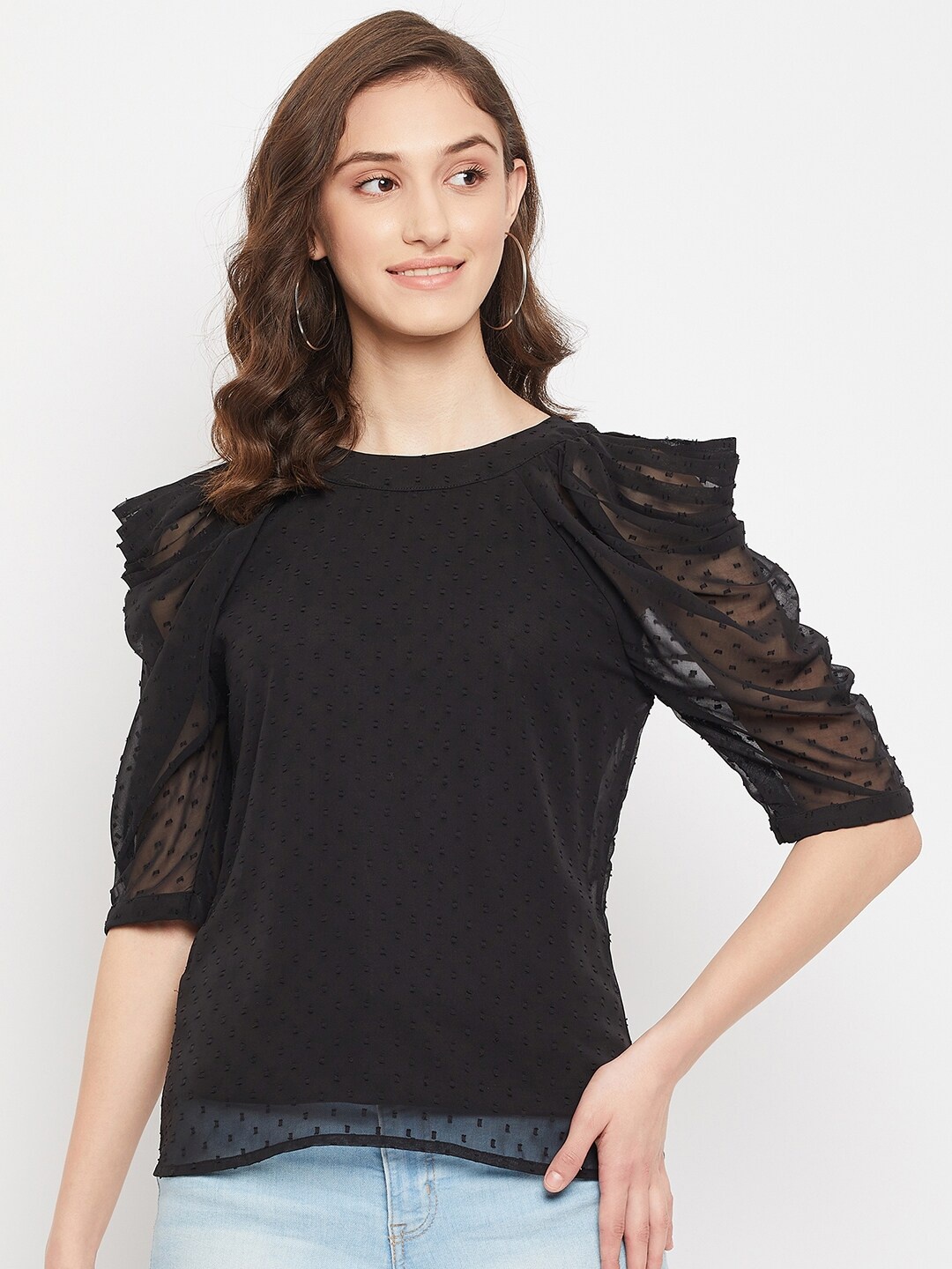 

WineRed Self Design Puff Sleeves Regular Top, Black