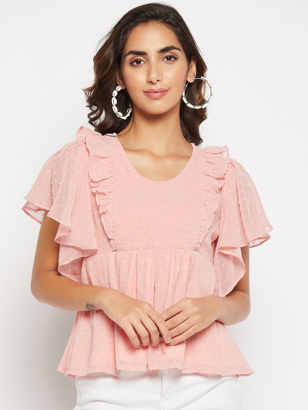 

WineRed Self Design Smocked Chiched Waist Top, Pink