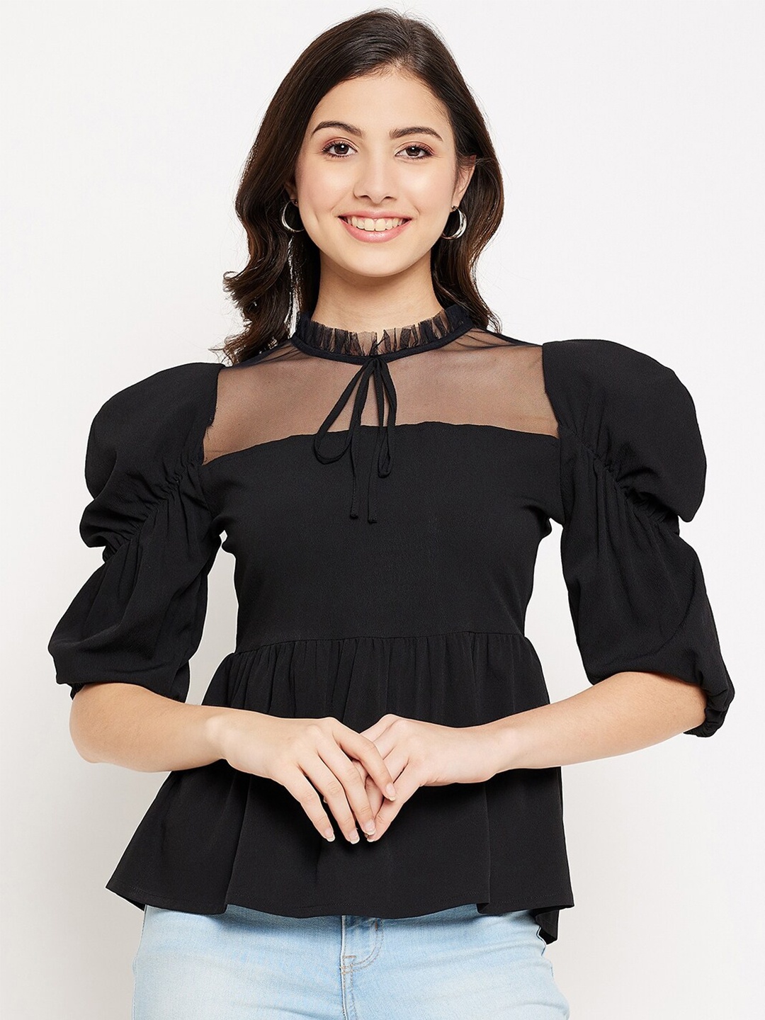 

WineRed Tie-Up Neck Puff Sleeves Smocked Peplum Top, Black