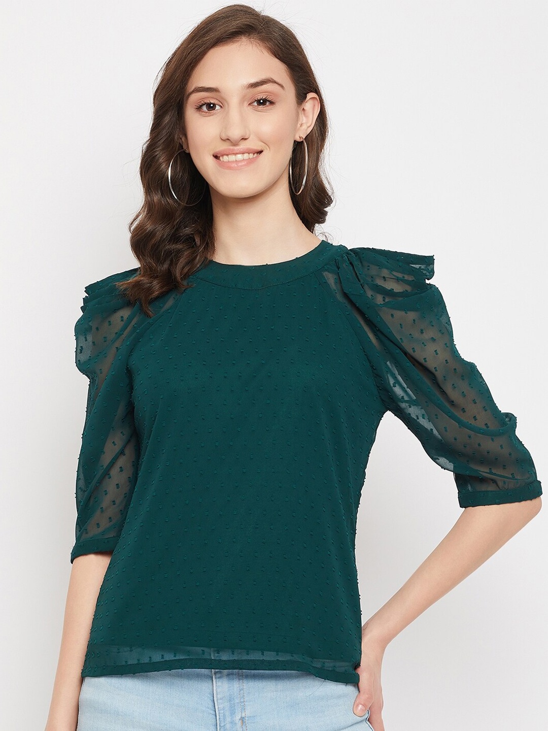 

WineRed Self Design Puff Sleeves Regular Top, Green