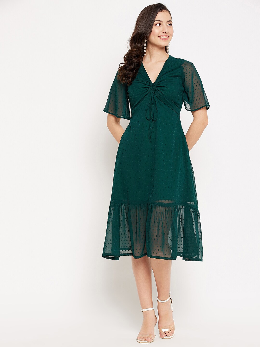 

WineRed Flutter Sleeve Tie Up Detail Midi Dress, Green