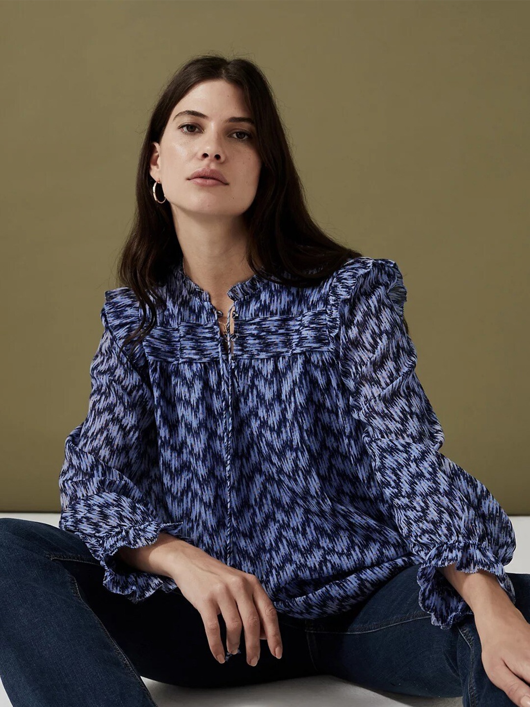 

Marks & Spencer Abstract Print Tie-Up Neck Top, Blue