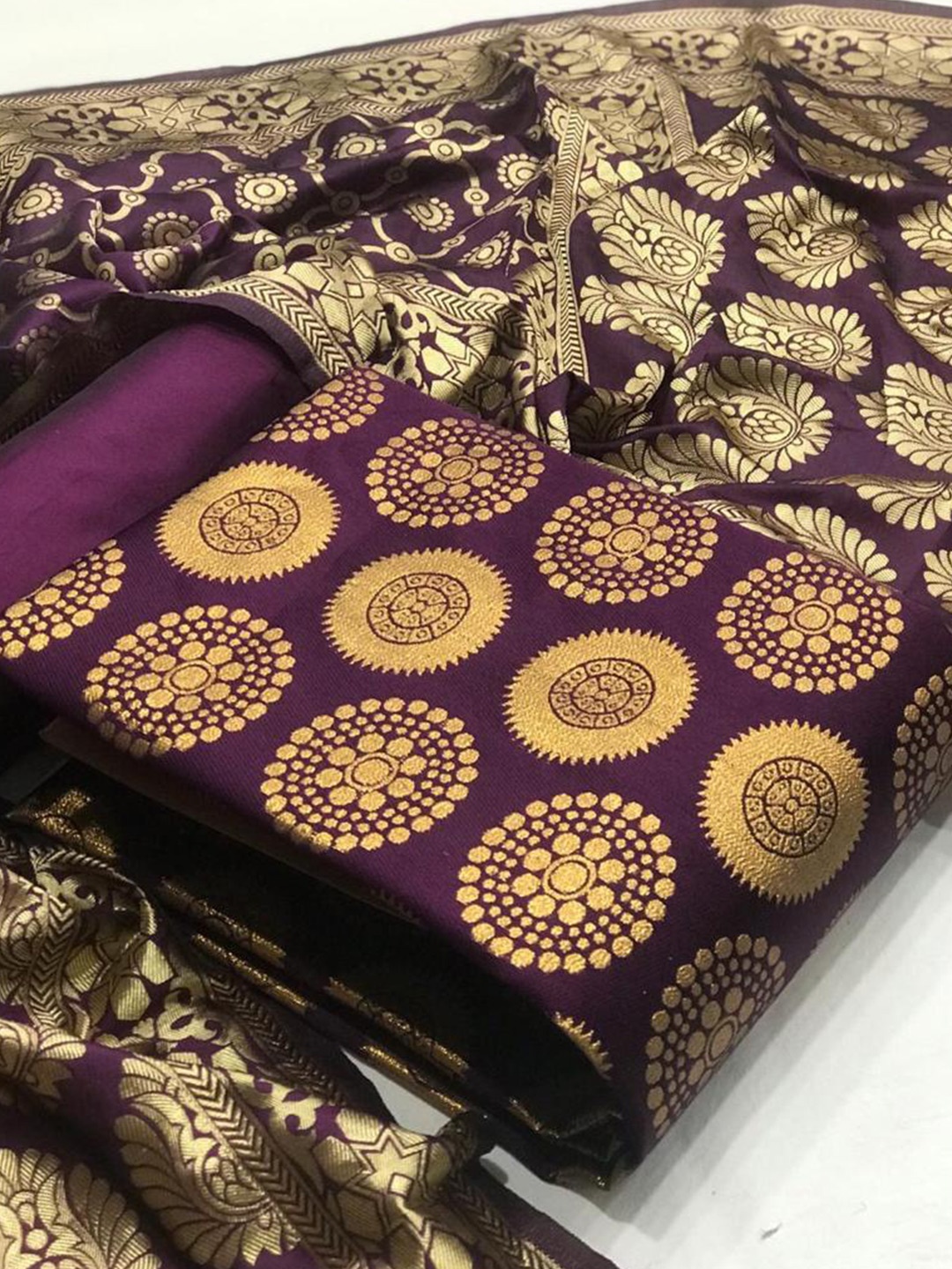 

MORLY Purple & Gold-Toned Dupion Silk Unstitched Dress Material