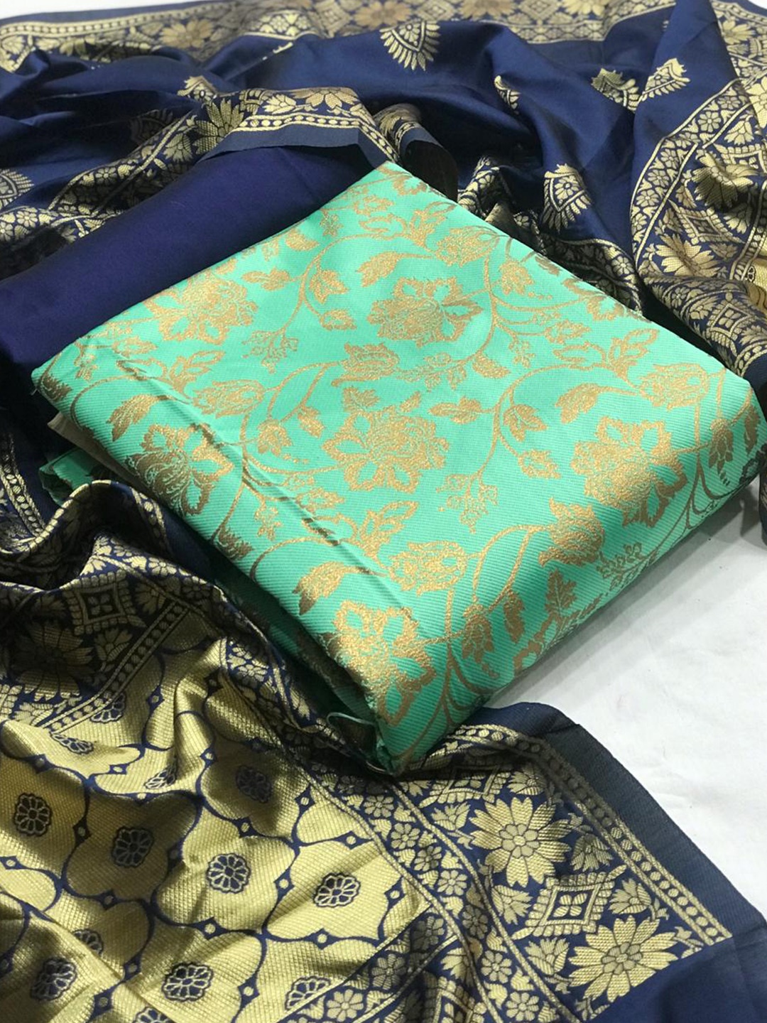 

MORLY Green & Navy Blue Dupion Silk Unstitched Dress Material