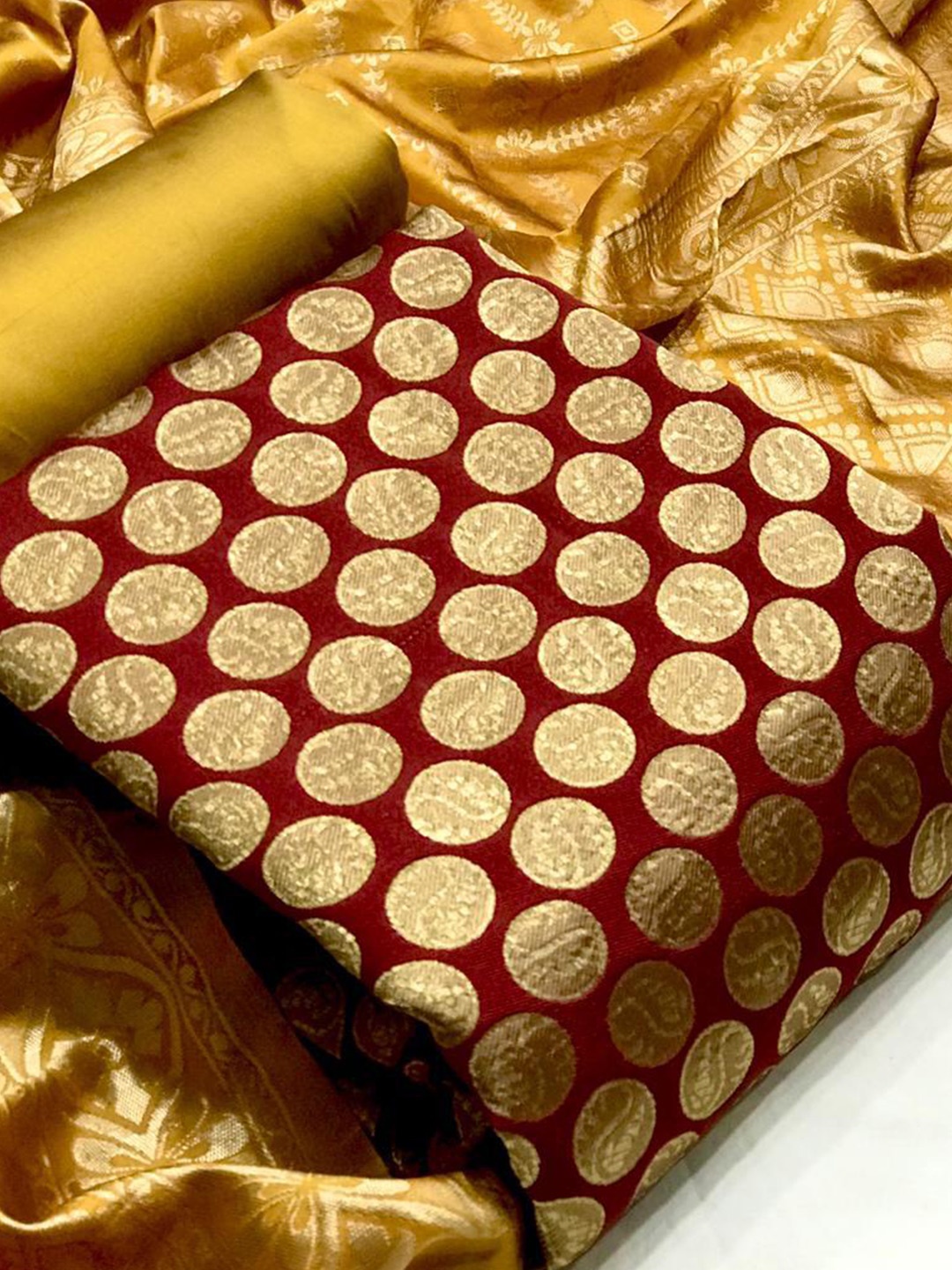 

MORLY Maroon & Gold-Toned Dupion Silk Unstitched Dress Material
