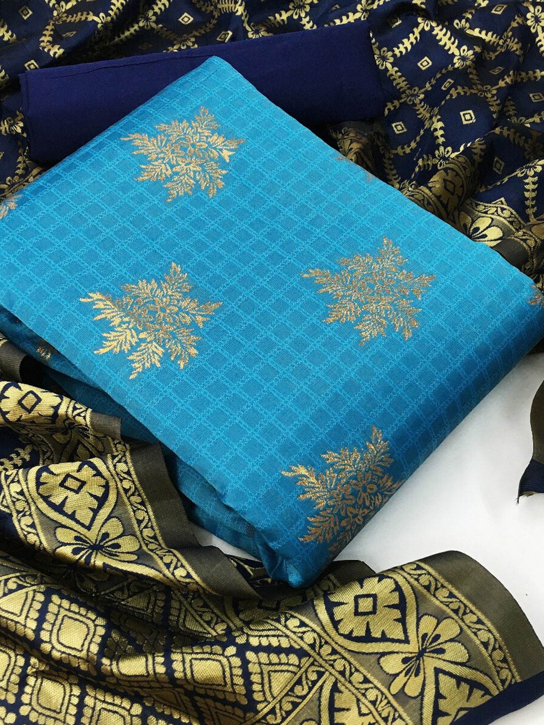 

MORLY Blue & Gold-Toned Dupion Silk Unstitched Dress Material