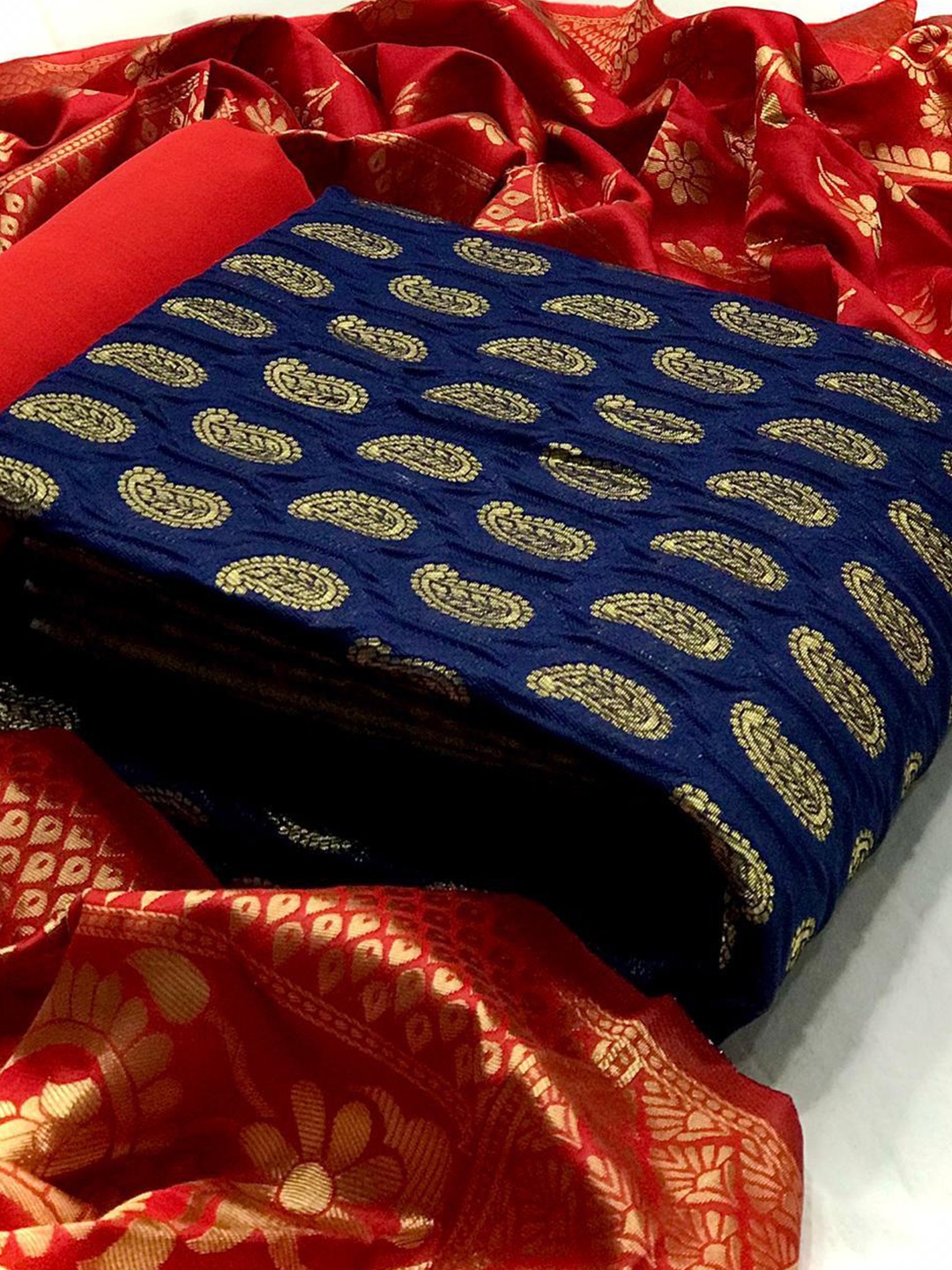

MORLY Blue & Red Dupion Silk Unstitched Dress Material