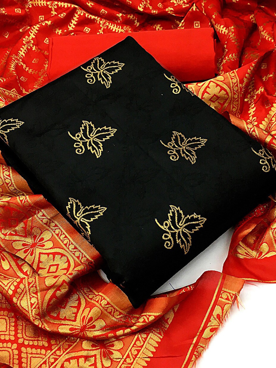 

MORLY Black & Red Dupion Silk Unstitched Dress Material