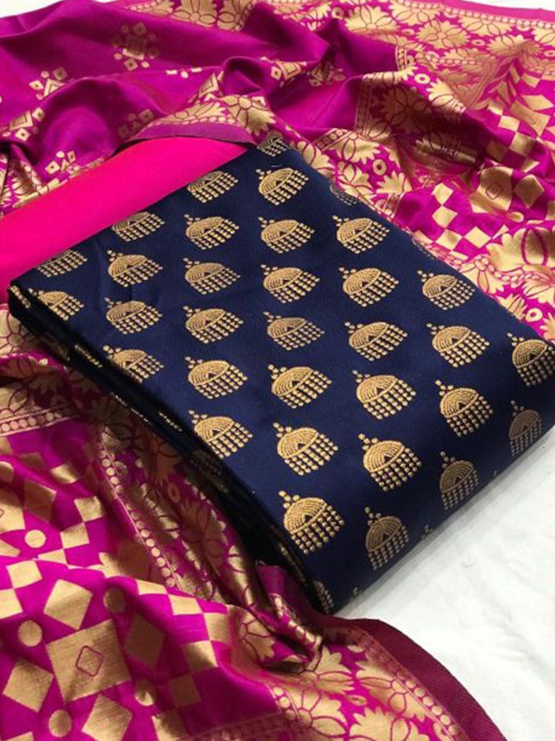 

MORLY Navy Blue & Pink Dupion Silk Unstitched Dress Material