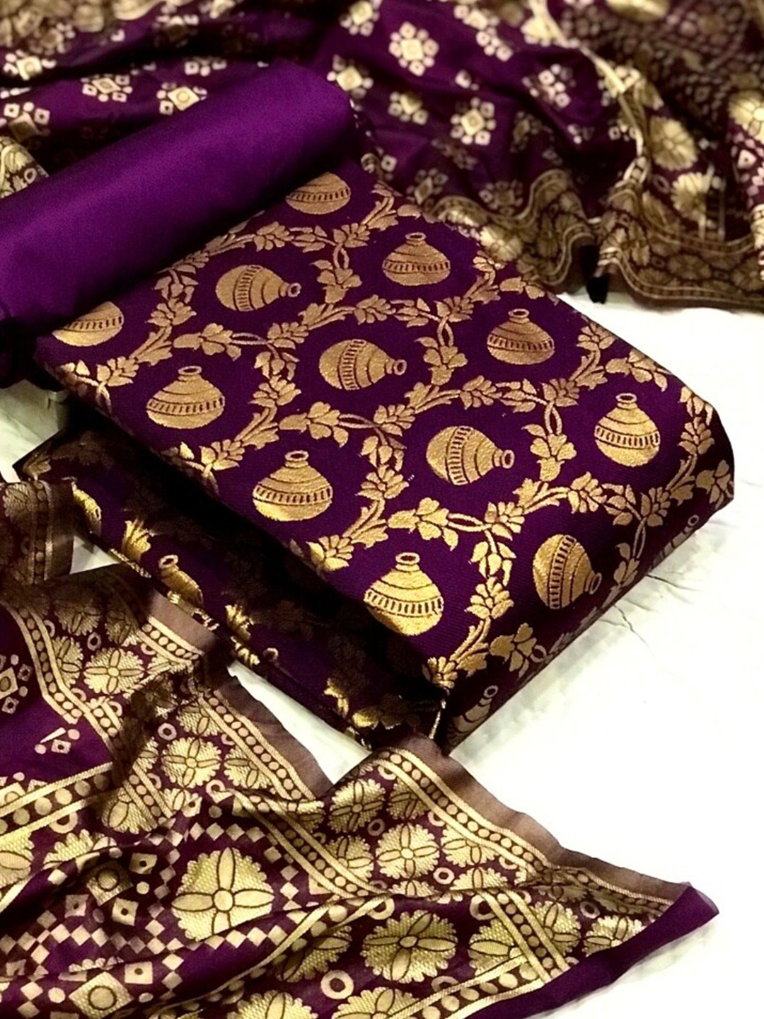

MORLY Purple & Gold-Toned Dupion Silk Unstitched Dress Material