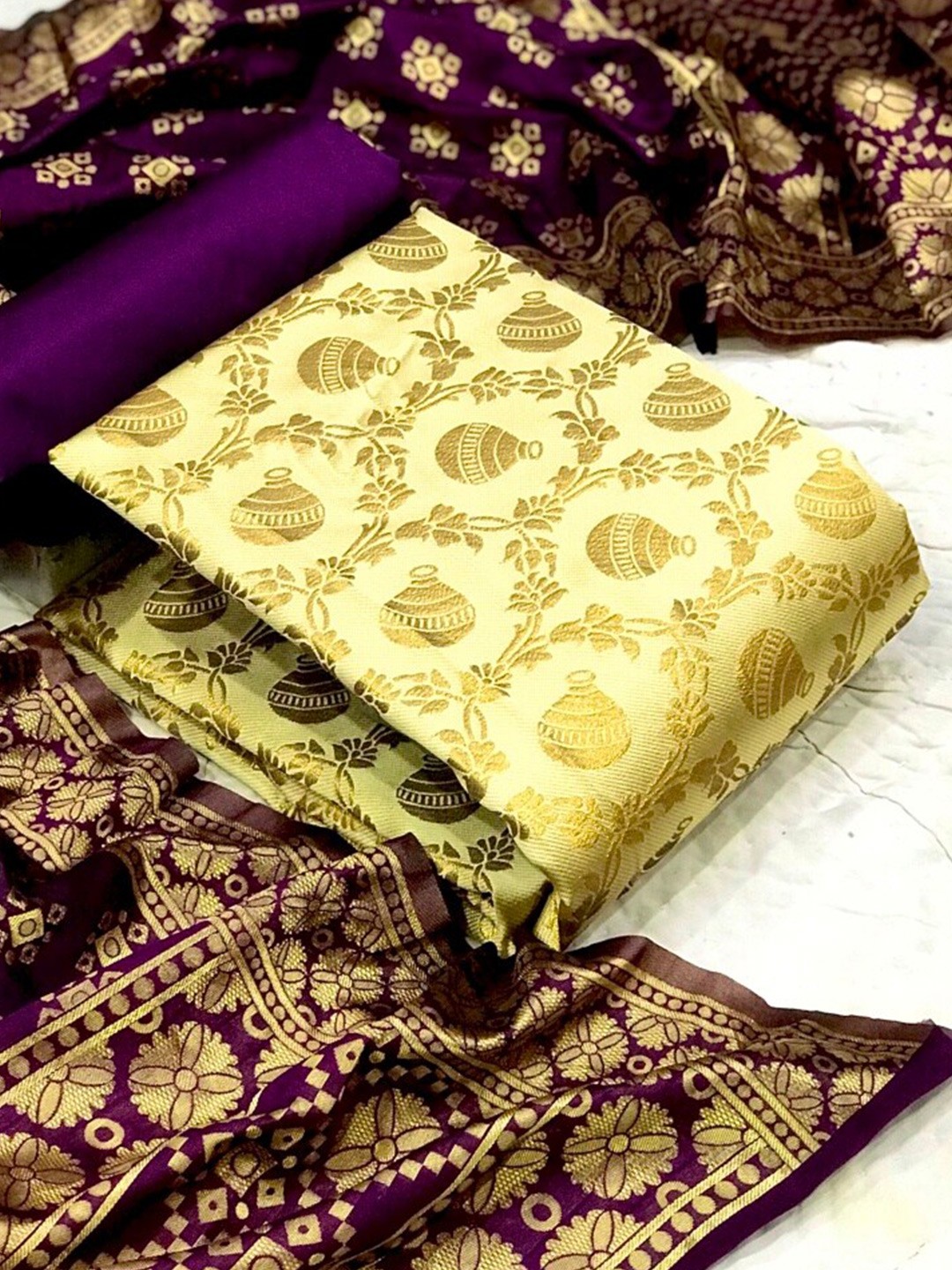 

MORLY Beige & Purple Dupion Silk Unstitched Dress Material