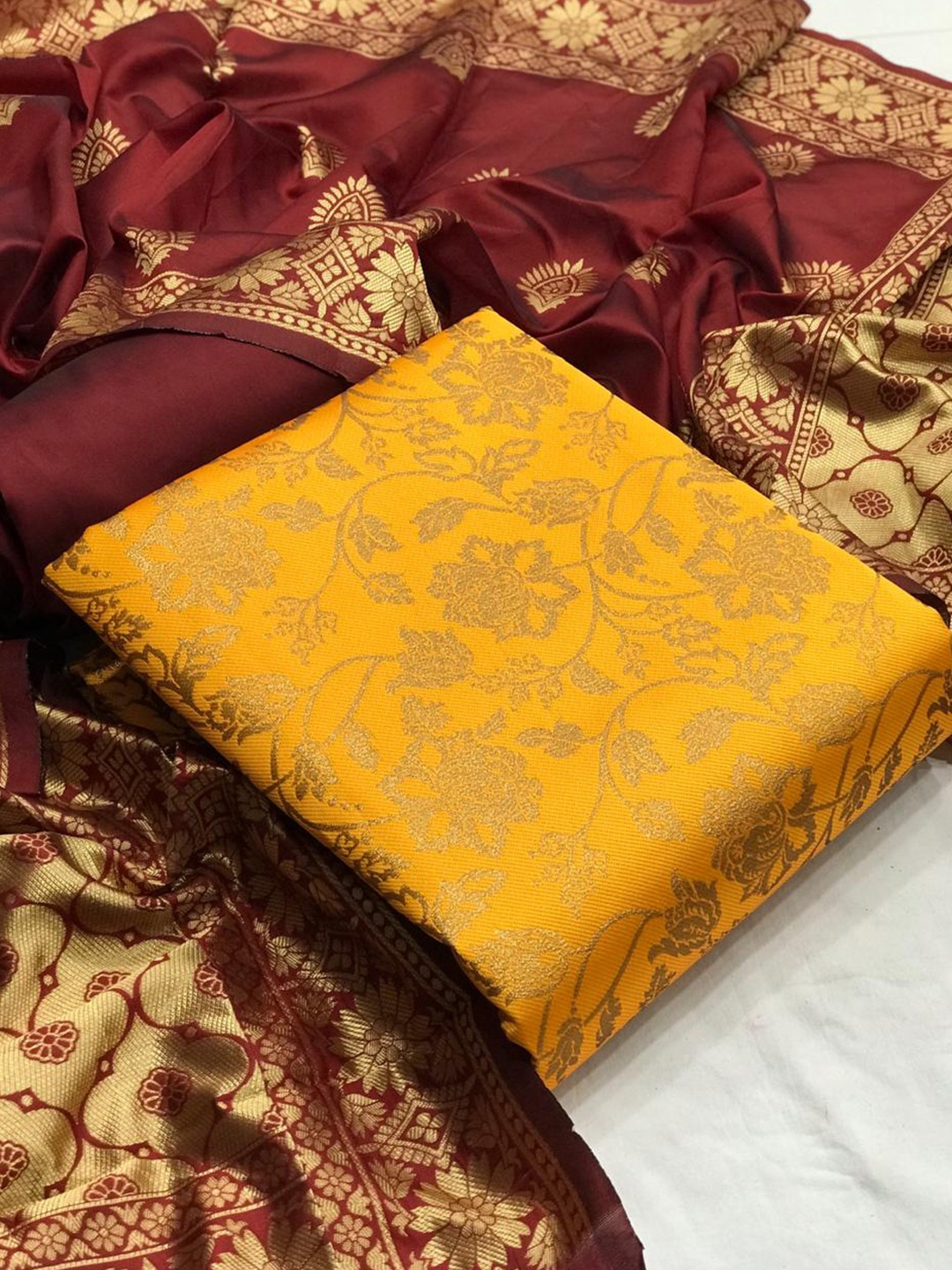 

MORLY Yellow & Brown Dupion Silk Unstitched Dress Material