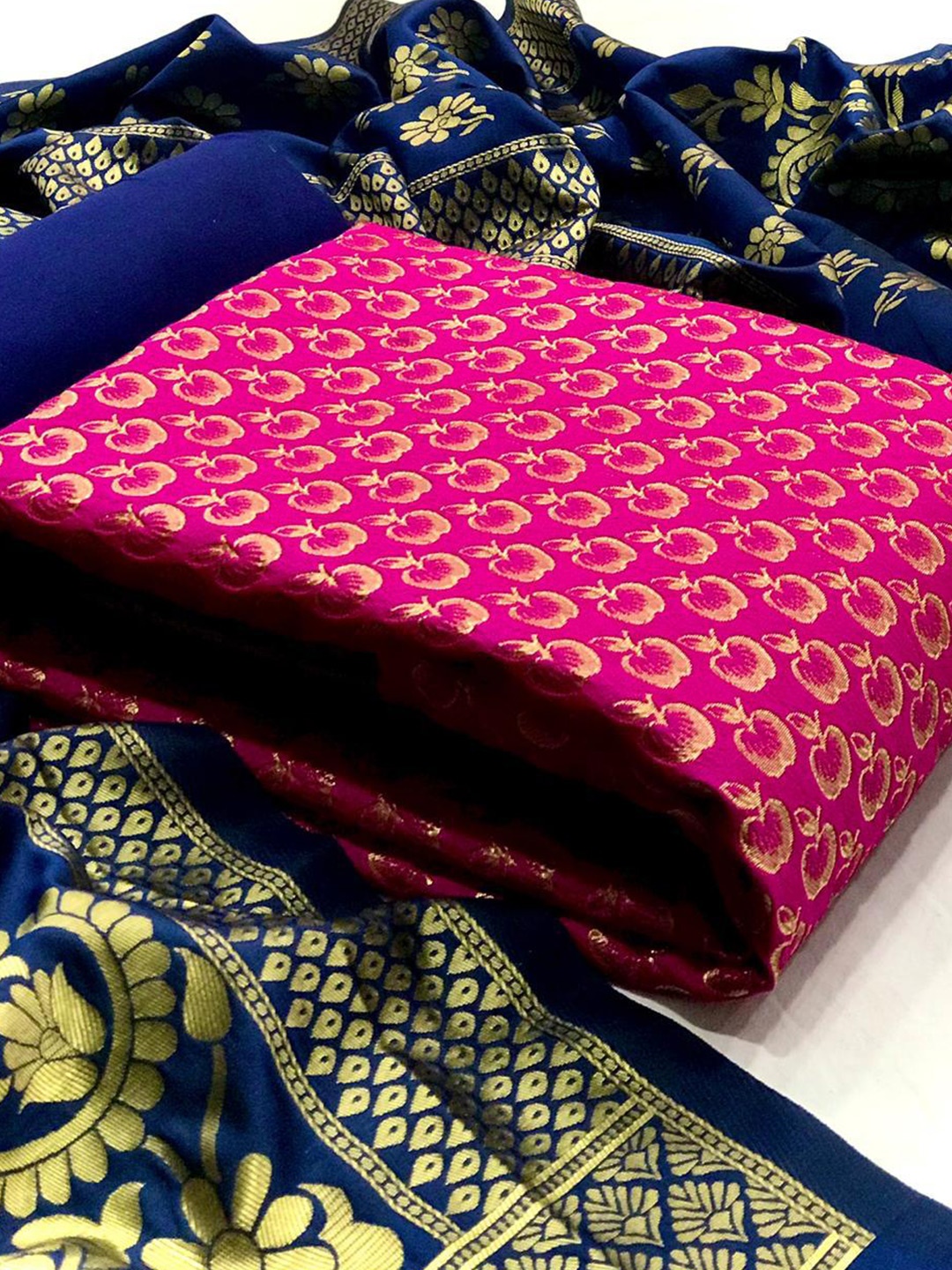 

MORLY Pink & Blue Dupion Silk Unstitched Dress Material