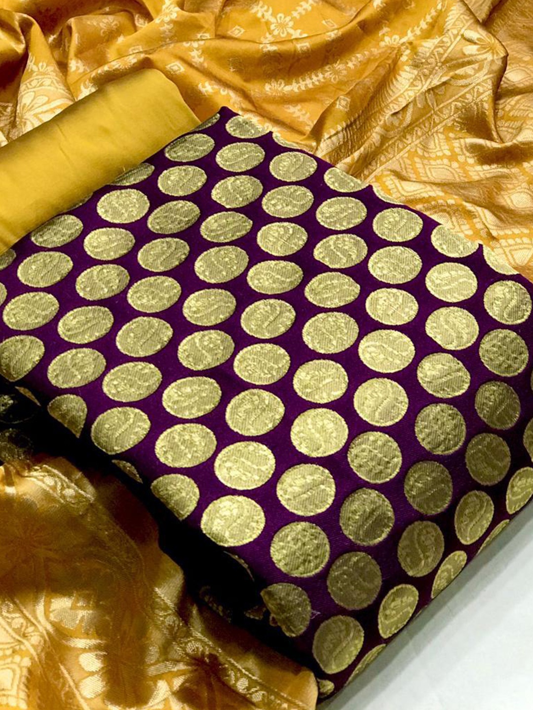 

MORLY Purple & Gold-Toned Dupion Silk Unstitched Dress Material