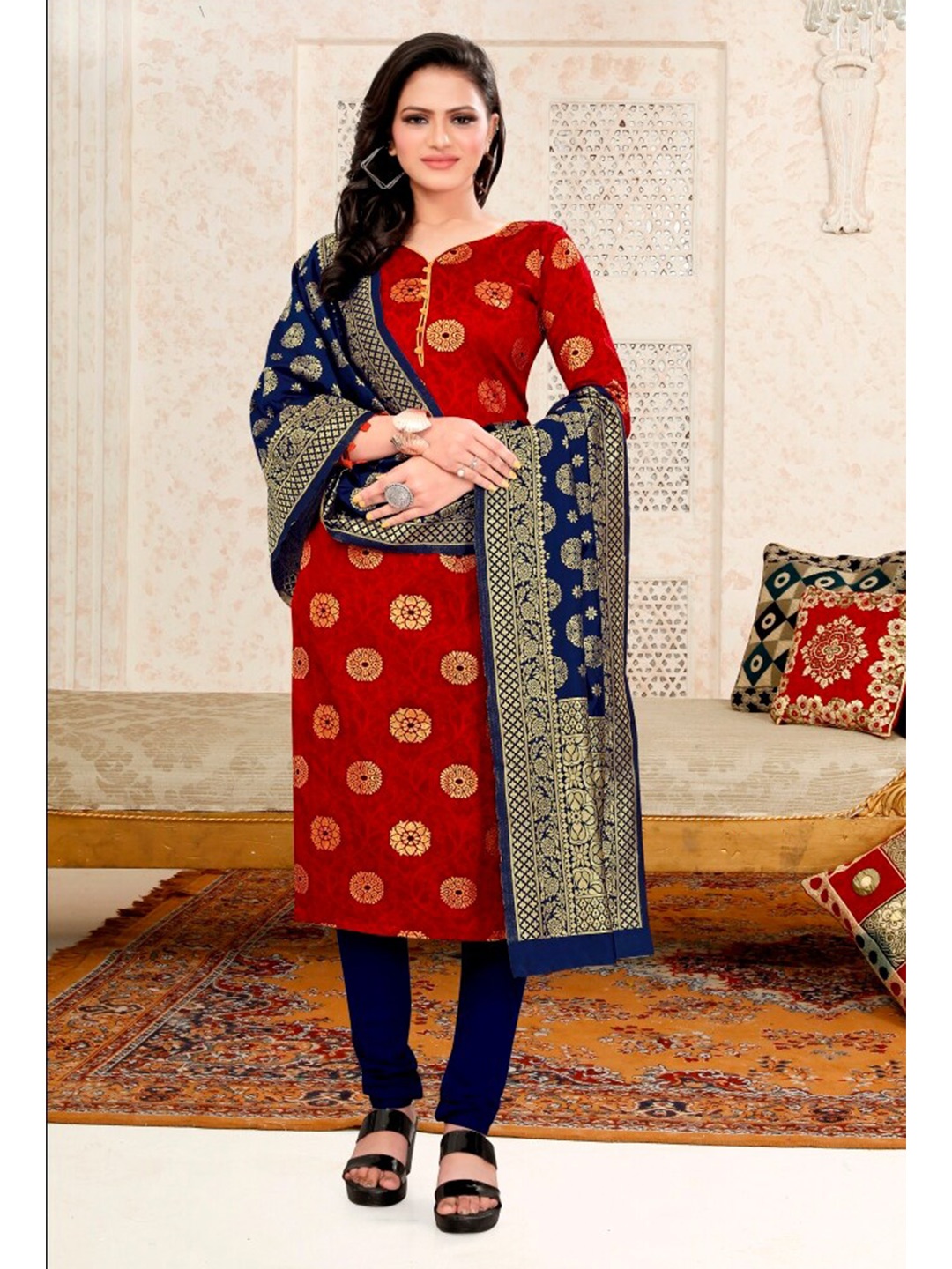 

MORLY Red & Navy Blue Dupion Silk Unstitched Dress Material