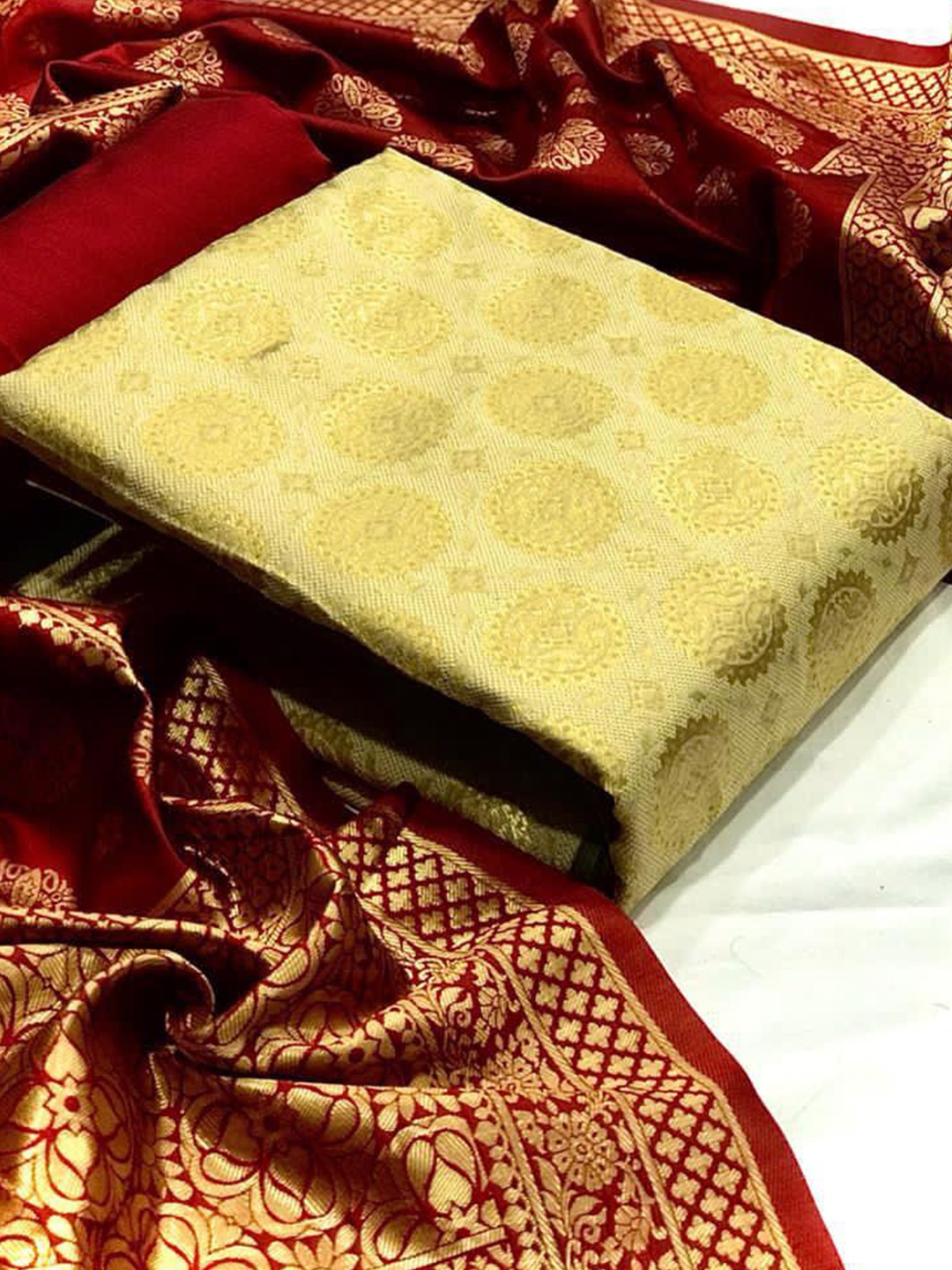 

MORLY Beige & Red Dupion Silk Unstitched Dress Material