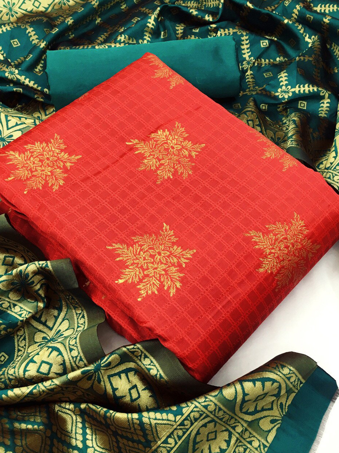 

MORLY Red & Green Dupion Silk Unstitched Dress Material