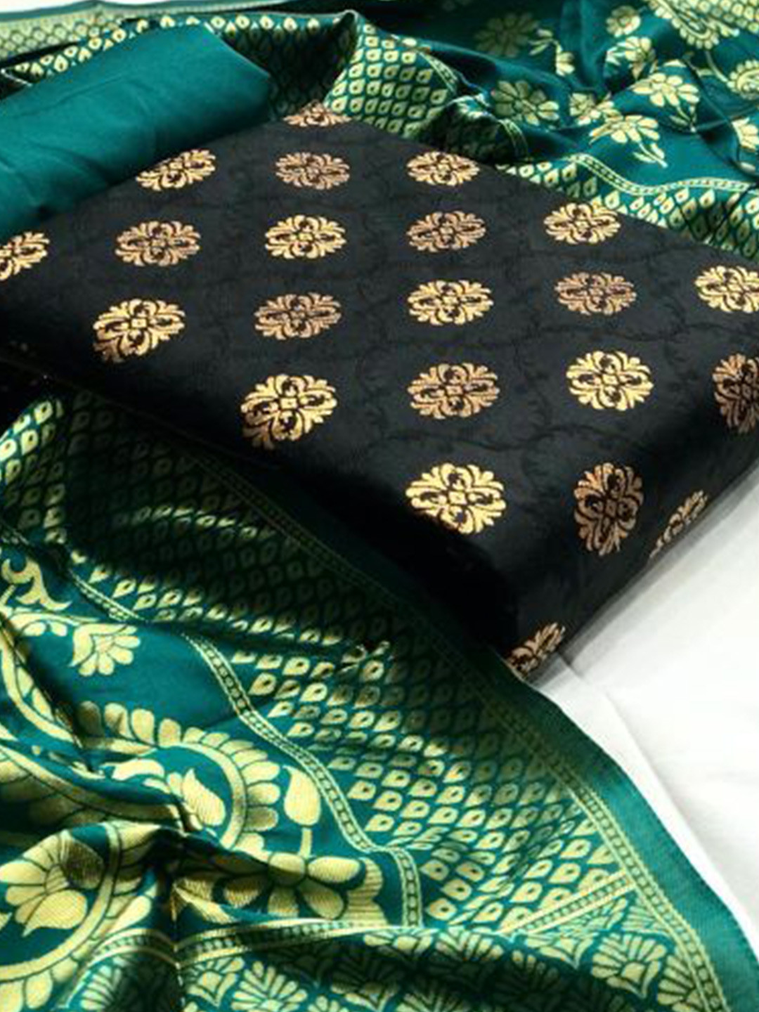 

MORLY Black & Gold-Toned Dupion Silk Unstitched Dress Material