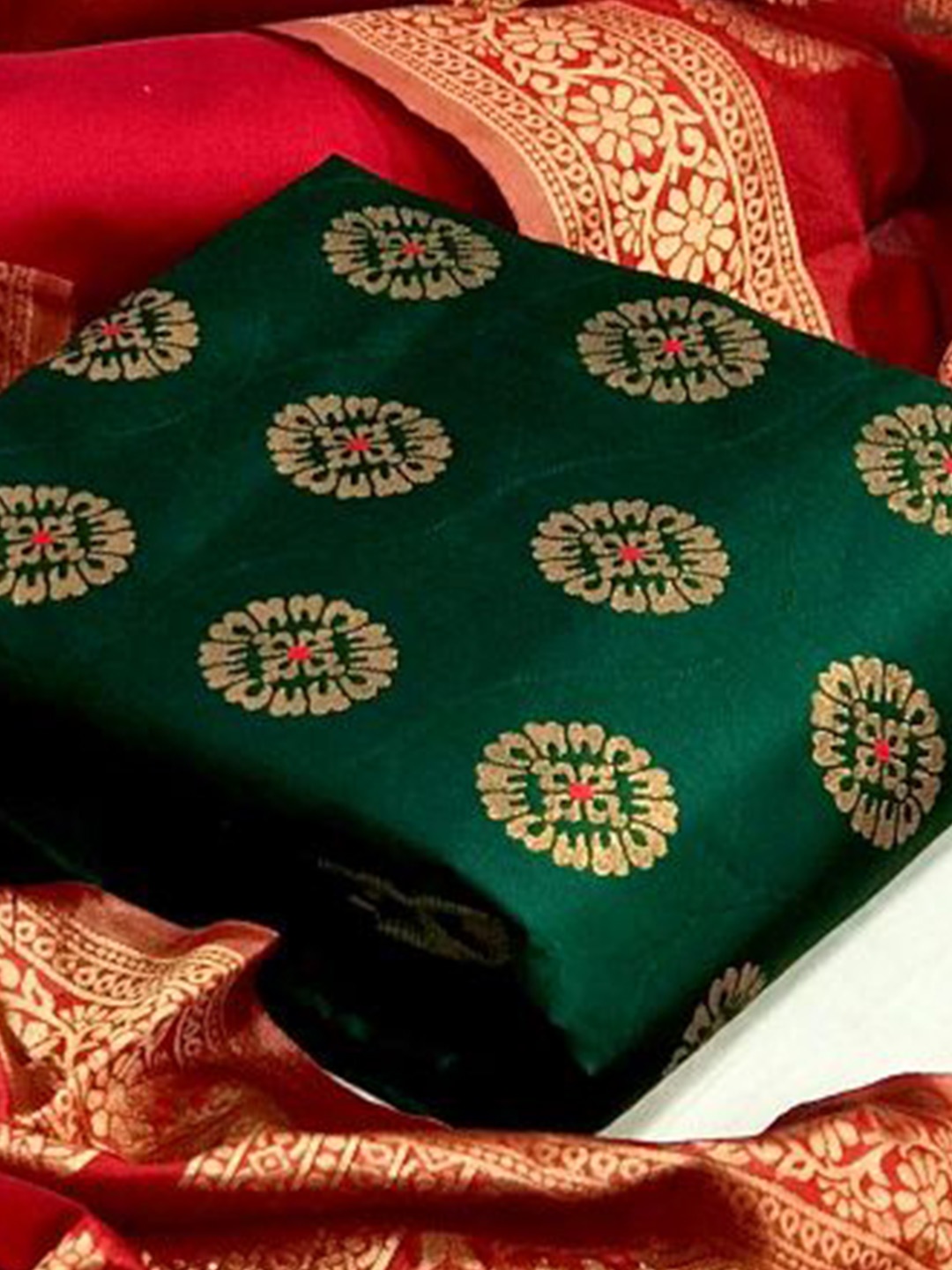 

MORLY Green & Red Dupion Silk Unstitched Dress Material