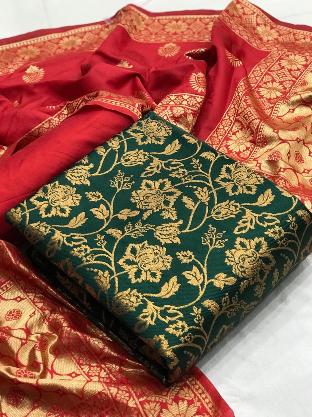 

MORLY Green & Red Dupion Silk Unstitched Dress Material