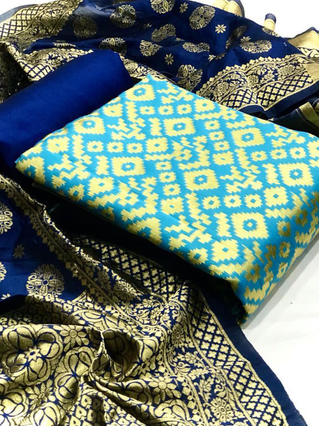 

MORLY Blue & Gold-Toned Dupion Silk Unstitched Dress Material