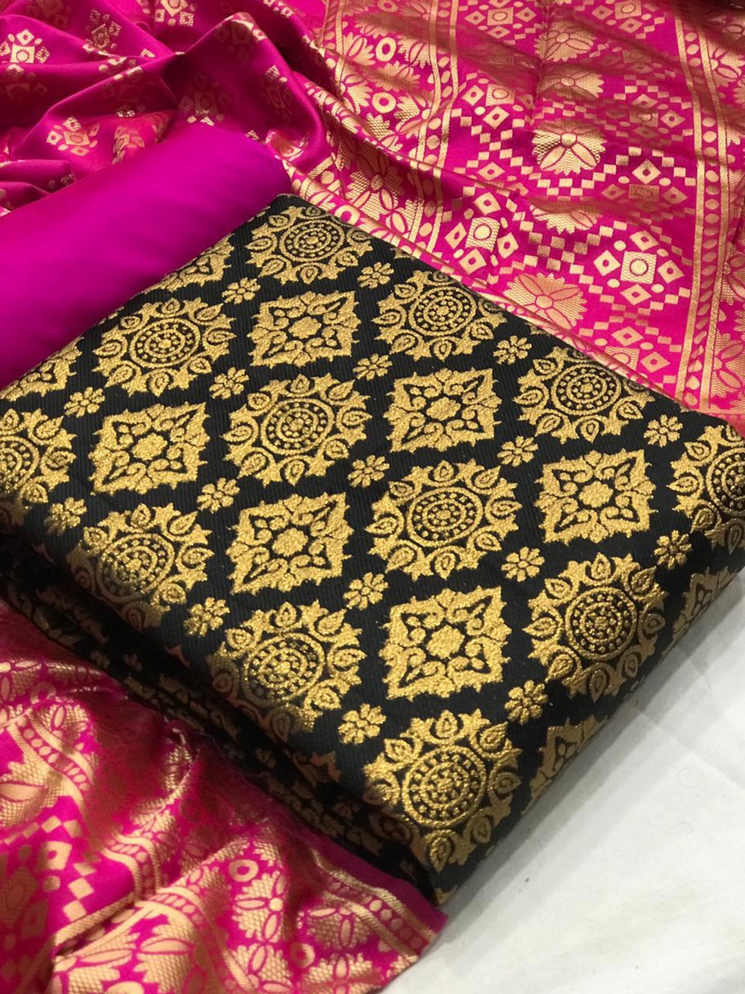 

MORLY Black & Pink Dupion Silk Unstitched Dress Material